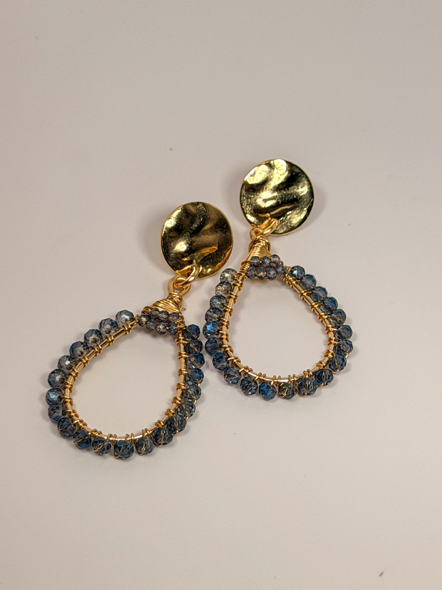 Irredescent Blue Glass Crystal Beads Wire wrapped Teardrop Golden Earrings with Golden Disc accent