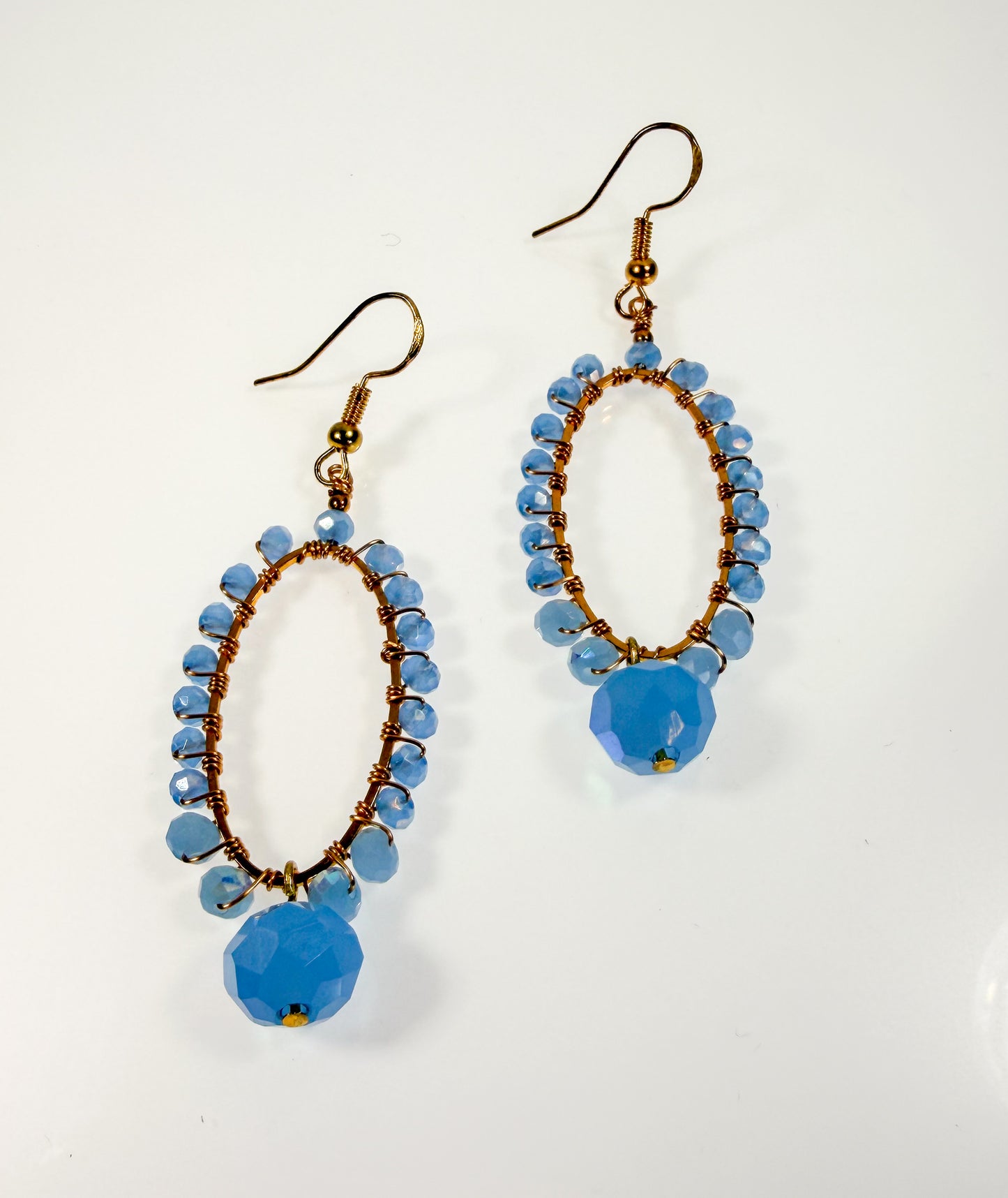 Blue Milk Crystal Glass Beads Wire Wrapped in Gold Plated Wire Oval Shape Evening Earrings