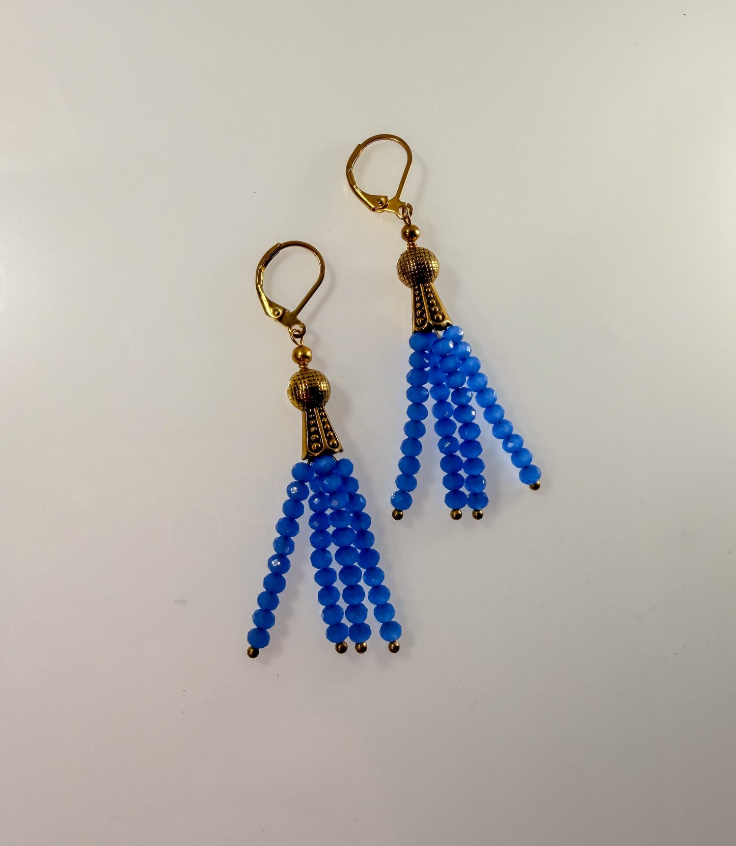 Electric Blue Glass Crystal Tassel Earrings with Gold accents
