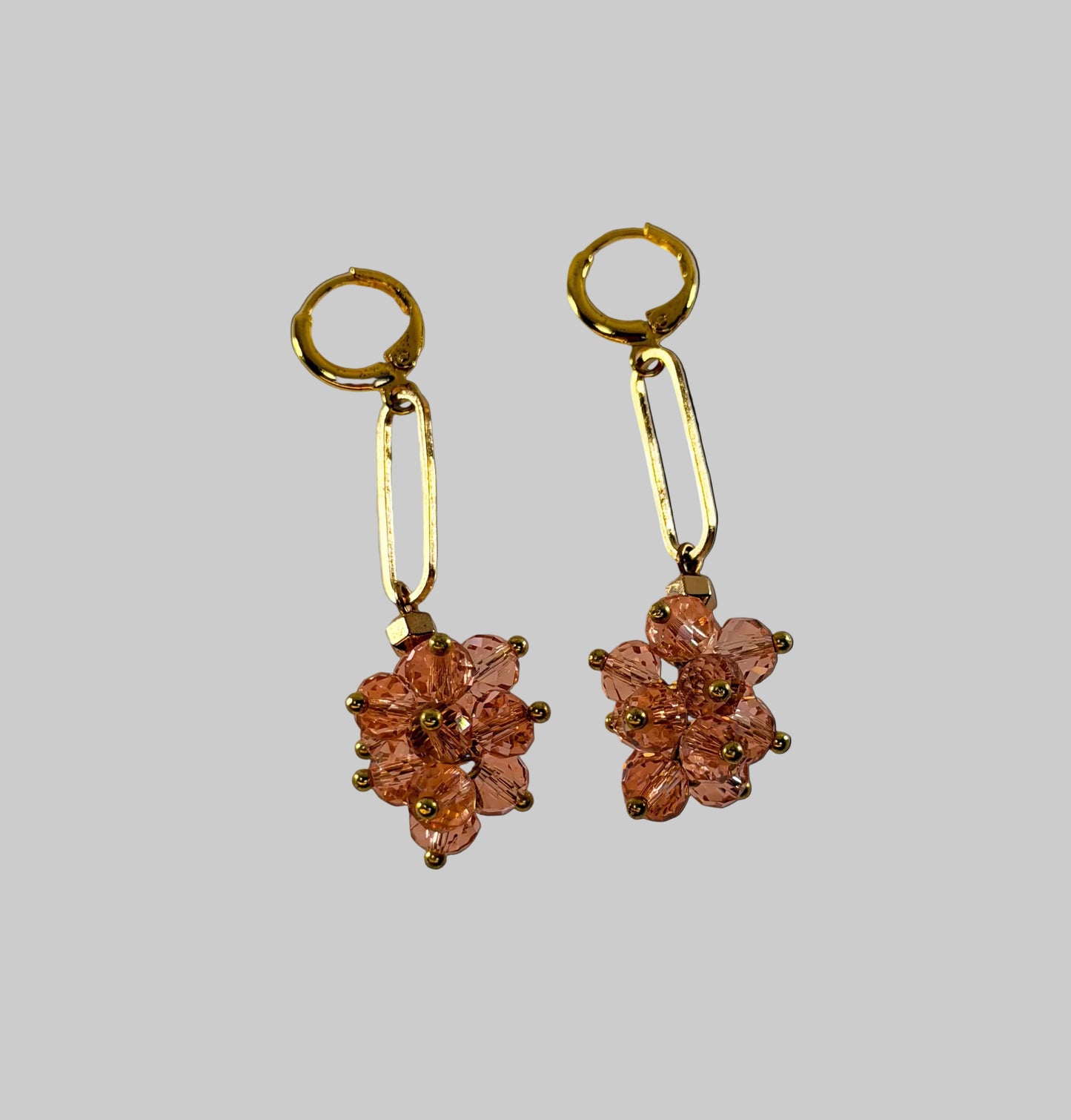 Rose Pink Cluster Crystals Long Golden Earrings