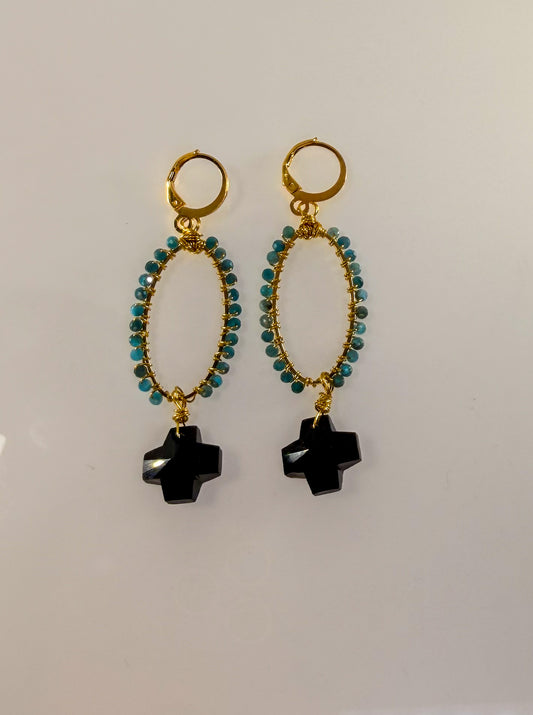 Golden Wire Wrapped Blue Jade Stones with Black Crystal Cross Accent Dangle Earrings