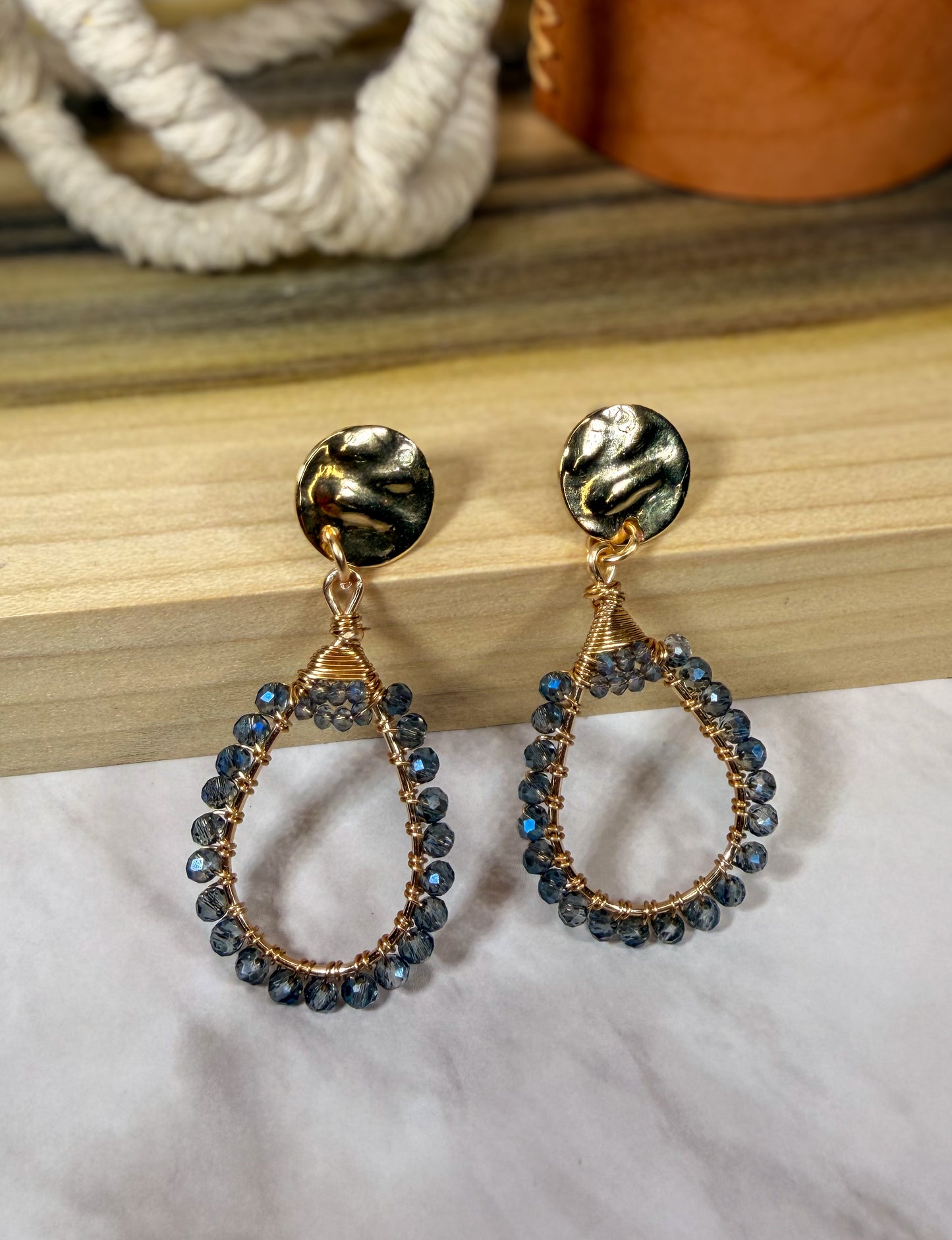 Irredescent Blue Glass Crystal Beads Wire wrapped Teardrop Golden Earrings with Golden Disc accent