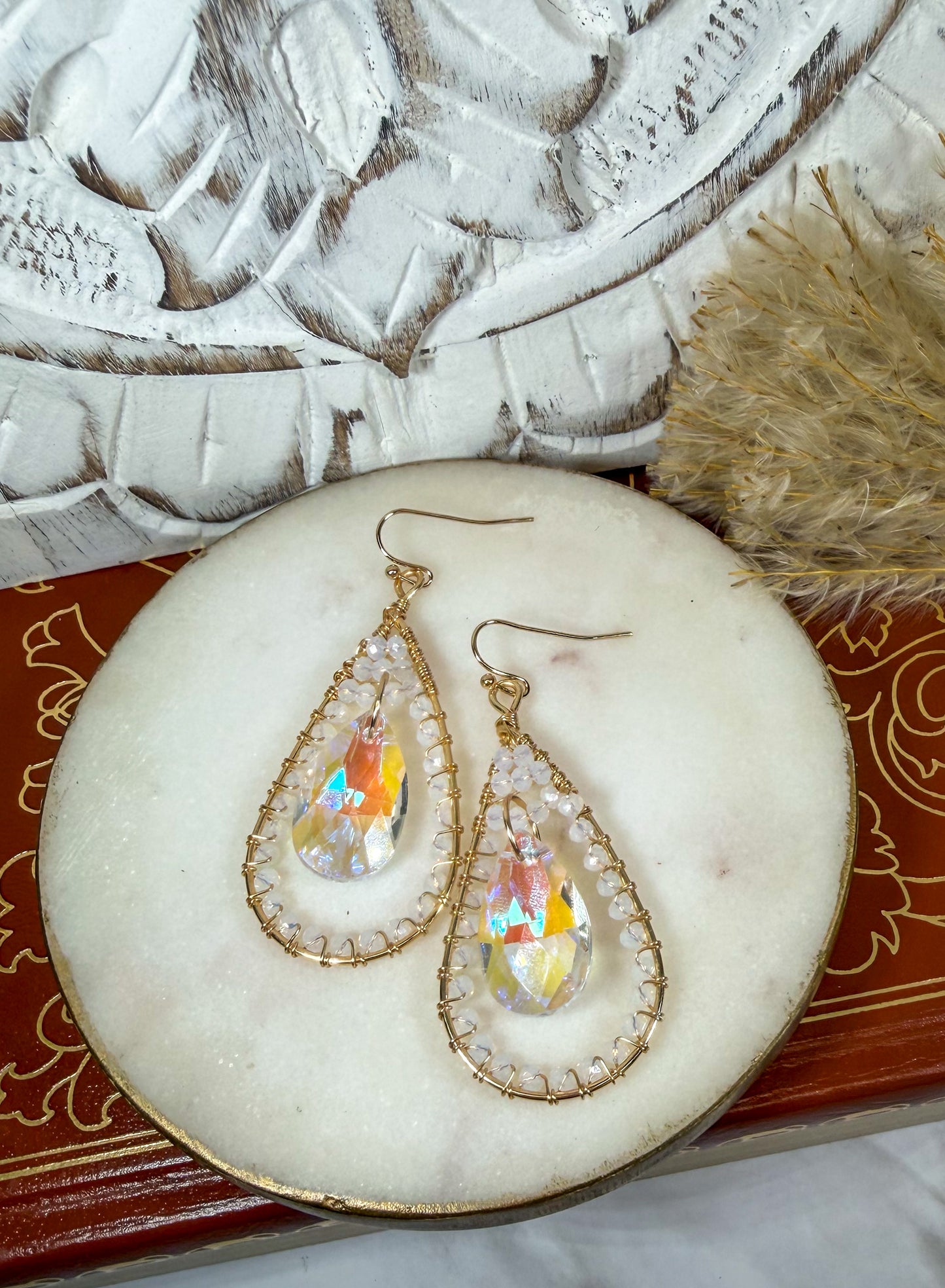 Iridescent Crystal chandelier Faceted Glass Tear drop Long Earrings