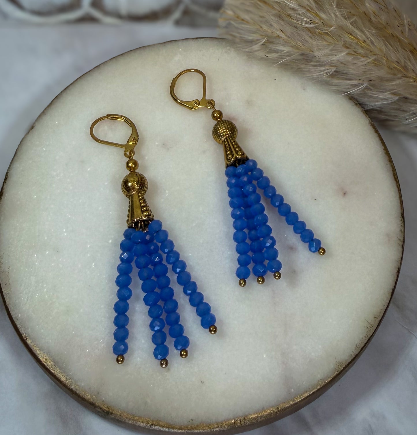 Electric Blue Glass Crystal Tassel Earrings with Gold accents