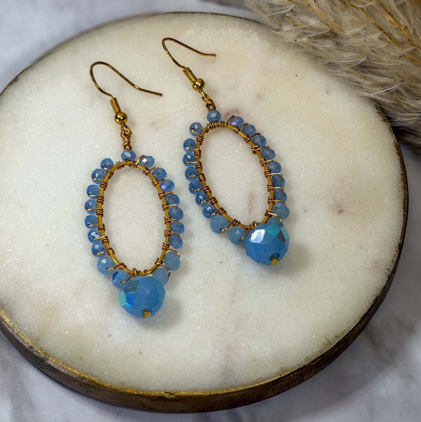 Blue Milk Crystal Glass Beads Wire Wrapped in Gold Plated Wire Oval Shape Evening Earrings