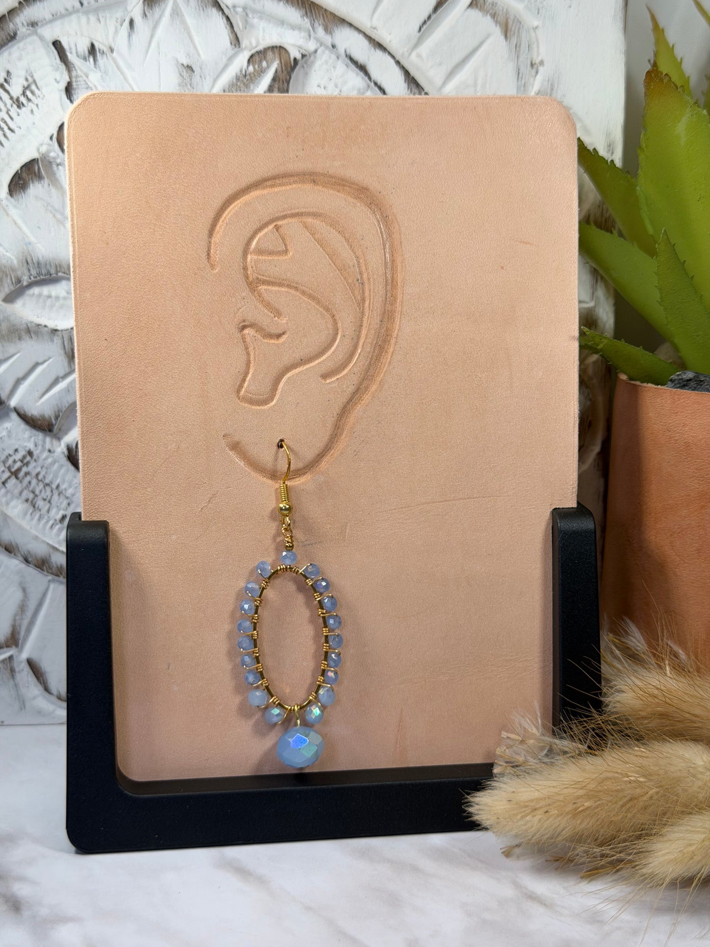 Blue Milk Crystal Glass Beads Wire Wrapped in Gold Plated Wire Oval Shape Evening Earrings