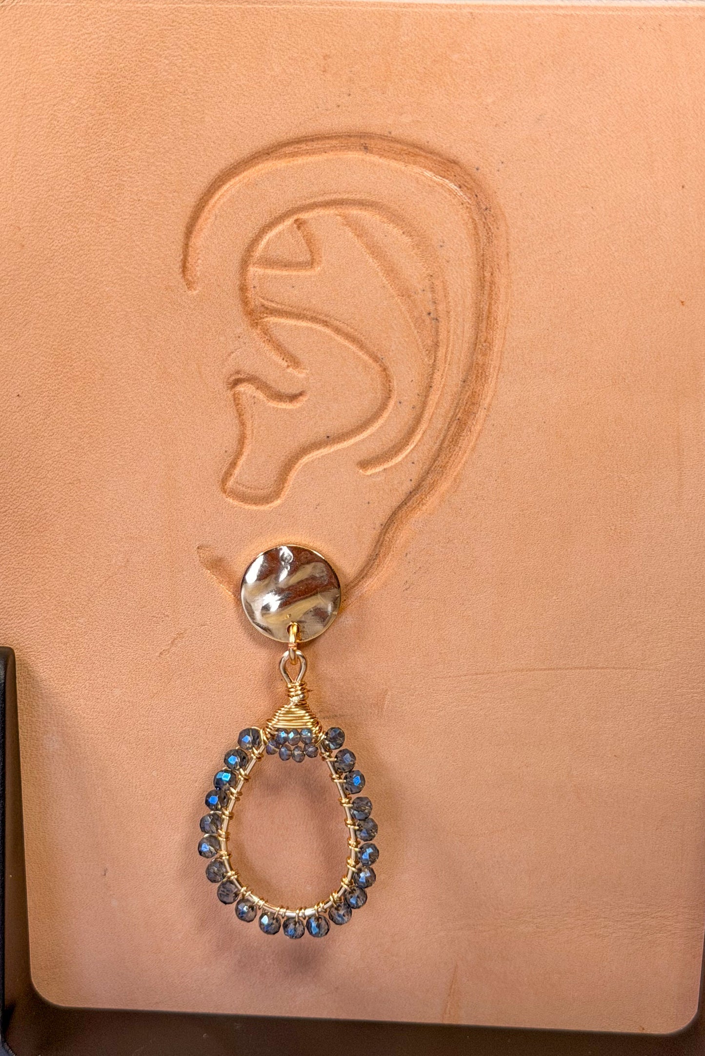 Irredescent Blue Glass Crystal Beads Wire wrapped Teardrop Golden Earrings with Golden Disc accent
