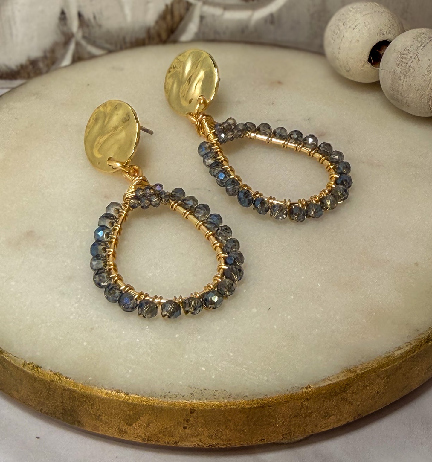 Irredescent Blue Glass Crystal Beads Wire wrapped Teardrop Golden Earrings with Golden Disc accent