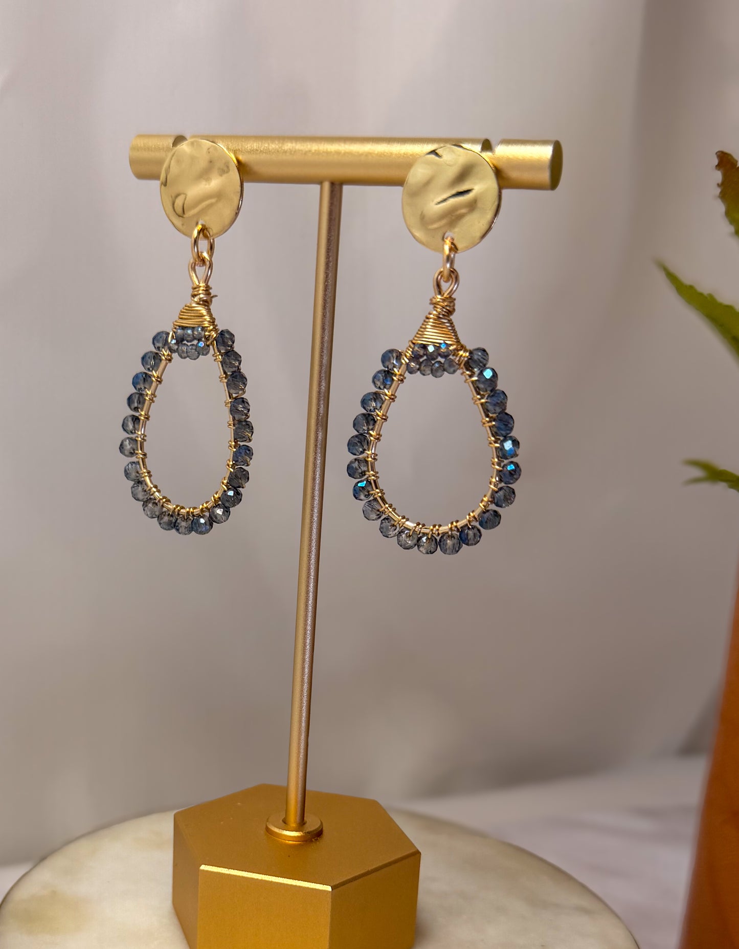 Irredescent Blue Glass Crystal Beads Wire wrapped Teardrop Golden Earrings with Golden Disc accent