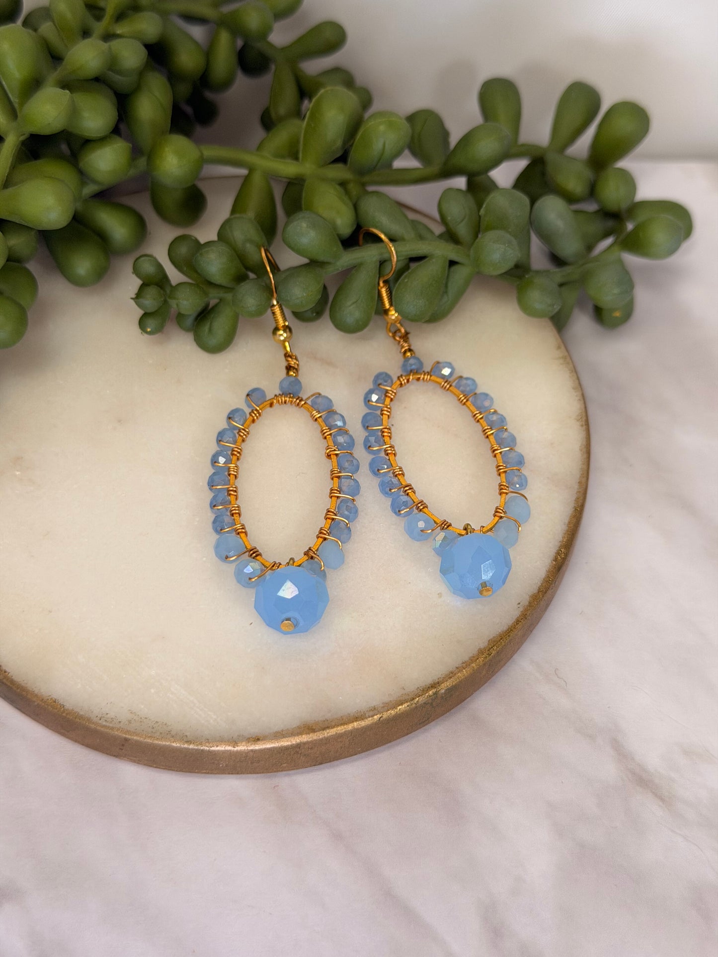 Blue Milk Crystal Glass Beads Wire Wrapped in Gold Plated Wire Oval Shape Evening Earrings
