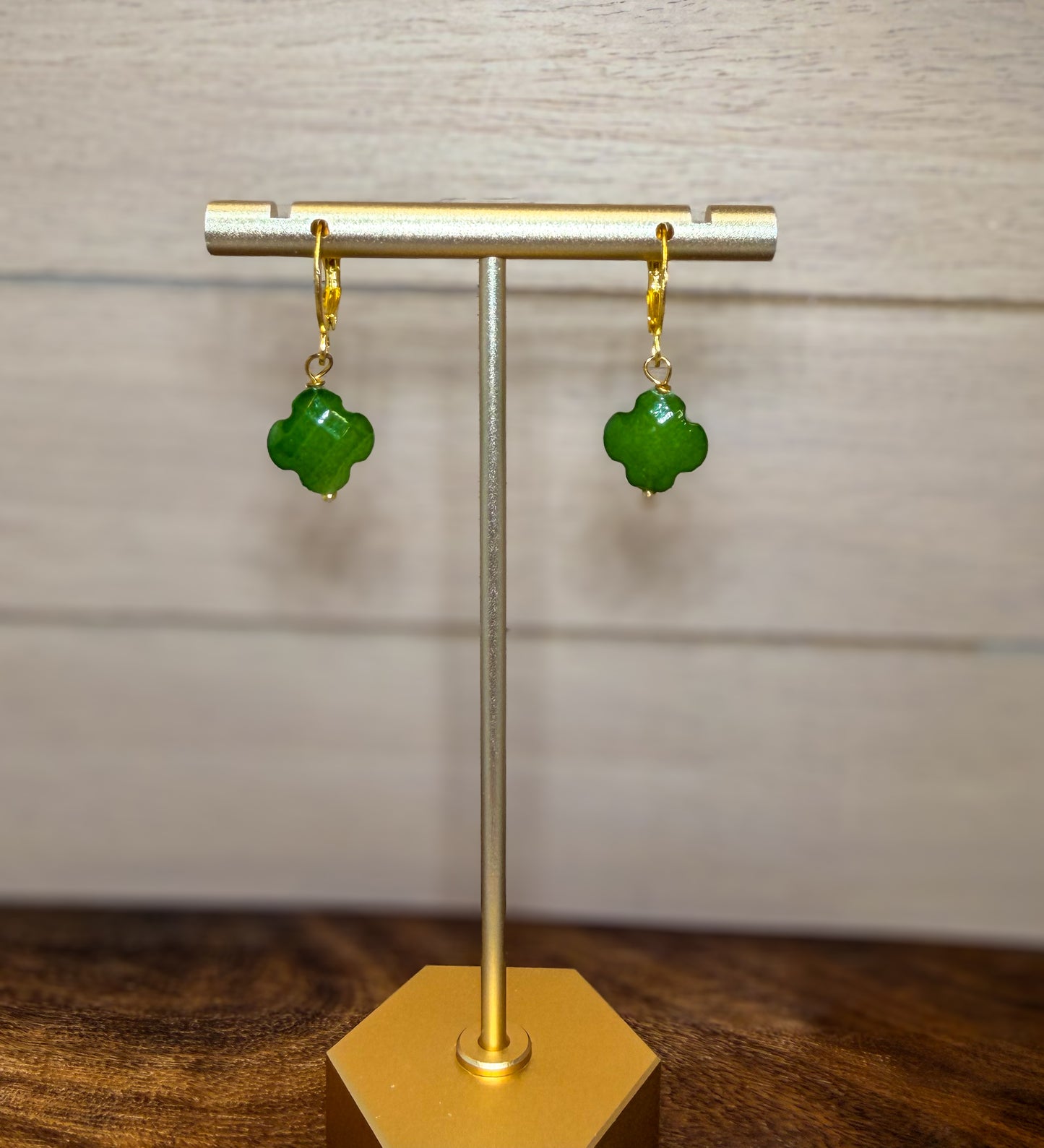 St. Patricks Four Leaf Green Faceted Hand cut Stone Clover Petite Gold Huggie Closure Earrings