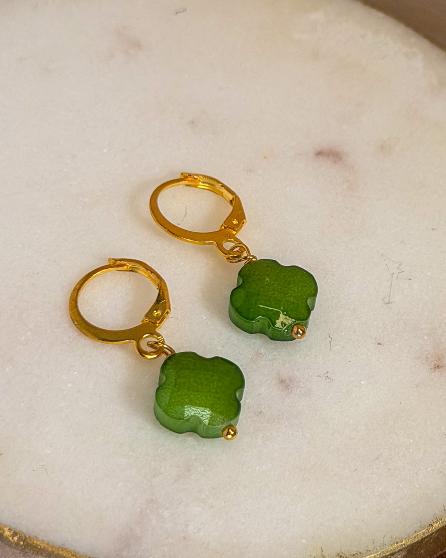 St. Patricks Four Leaf Green Faceted Hand cut Stone Clover Petite Gold Huggie Closure Earrings