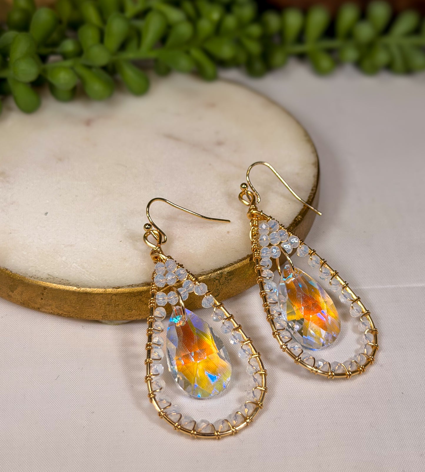 Iridescent Crystal chandelier Faceted Glass Tear drop Long Earrings