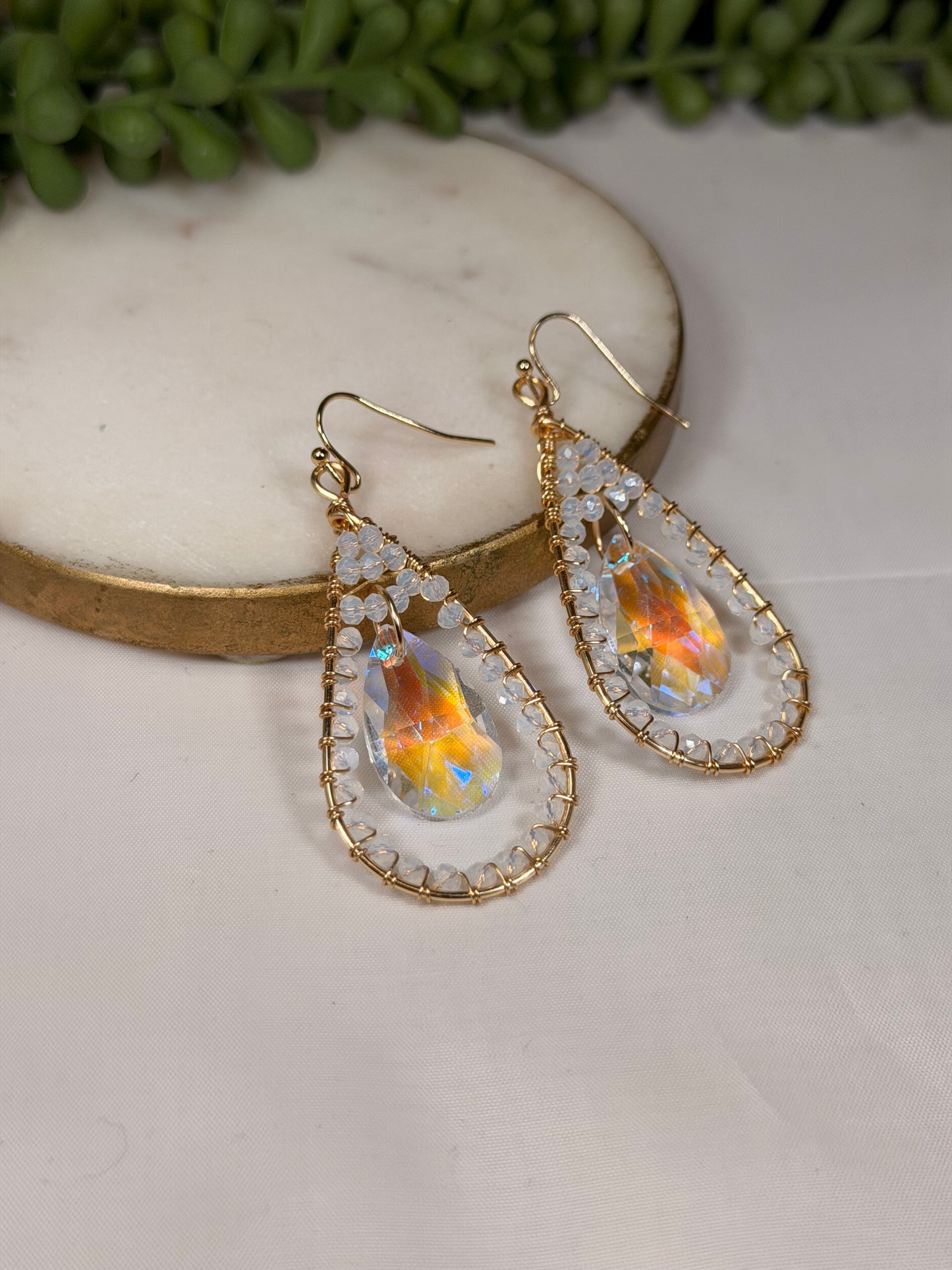 Iridescent Crystal chandelier Faceted Glass Tear drop Long Earrings