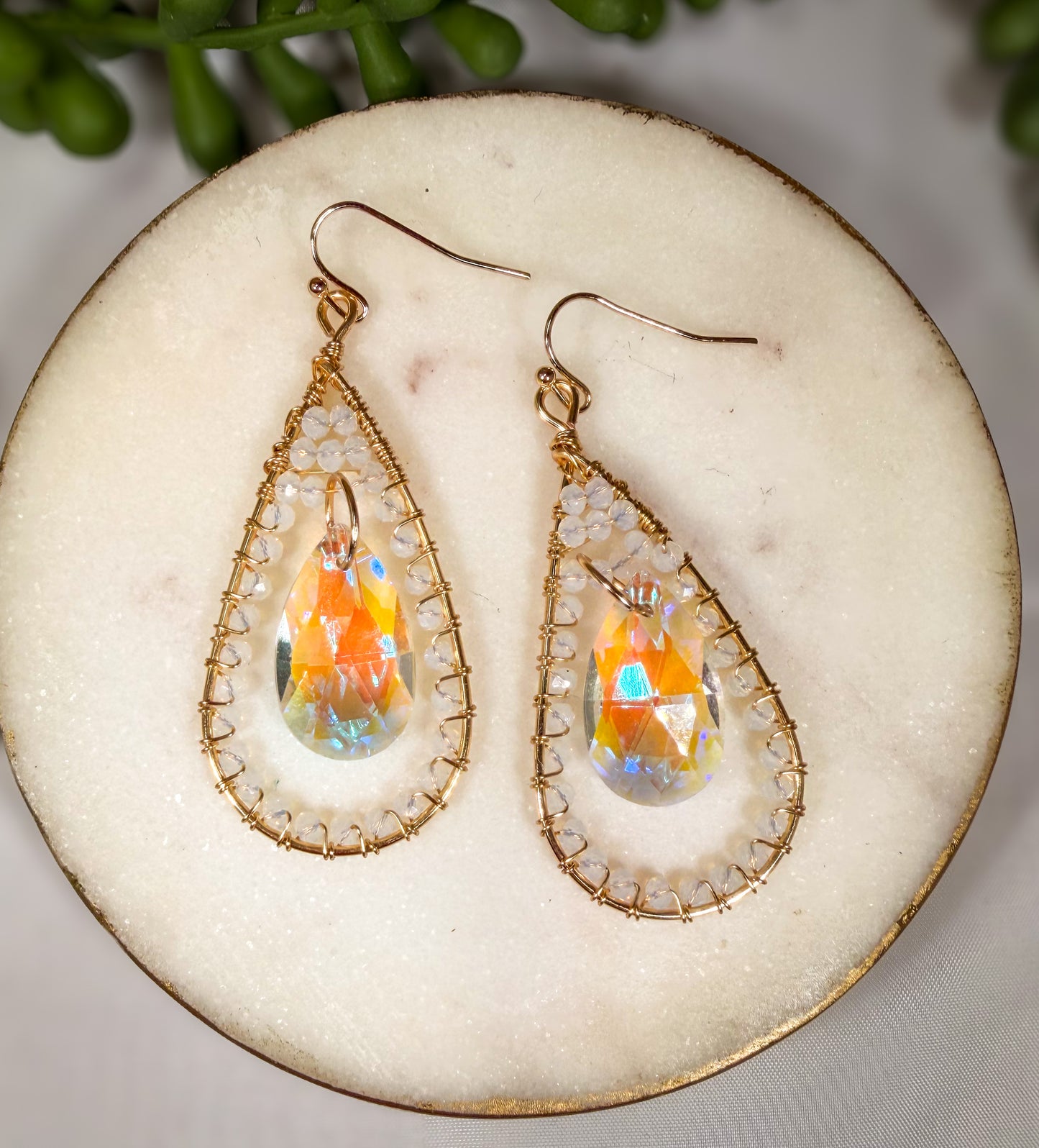 Iridescent Crystal chandelier Faceted Glass Tear drop Long Earrings