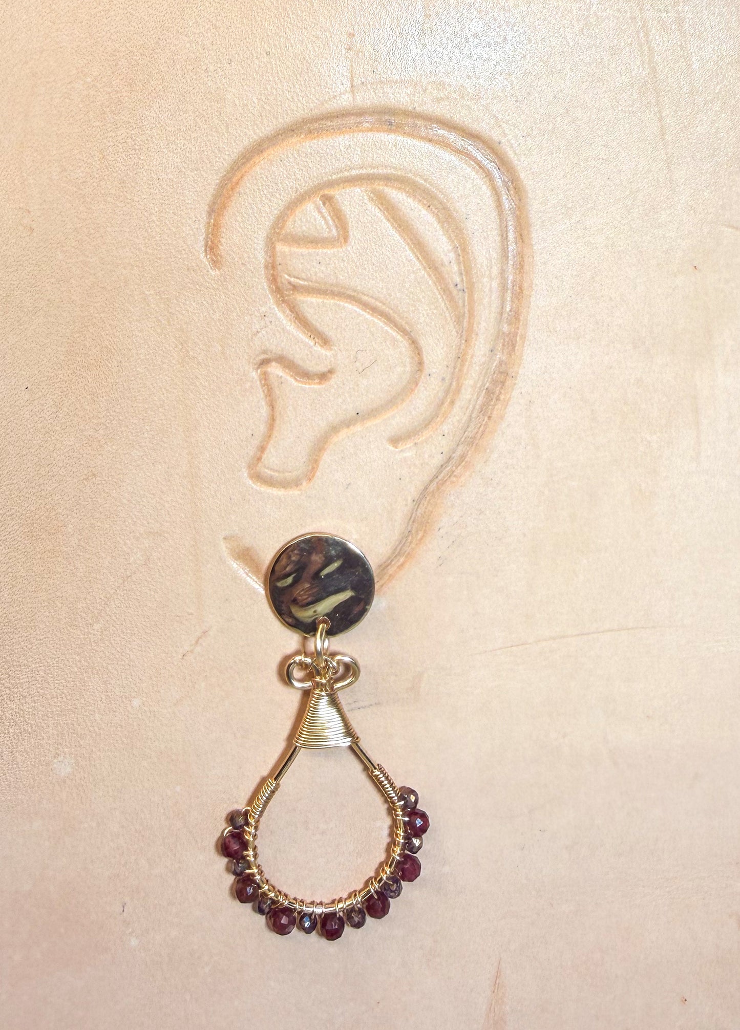 Golden Disc Drop Light Golden Earrings with Maroon and light Lilac crystals wire wrapped around hand made Oval Shape