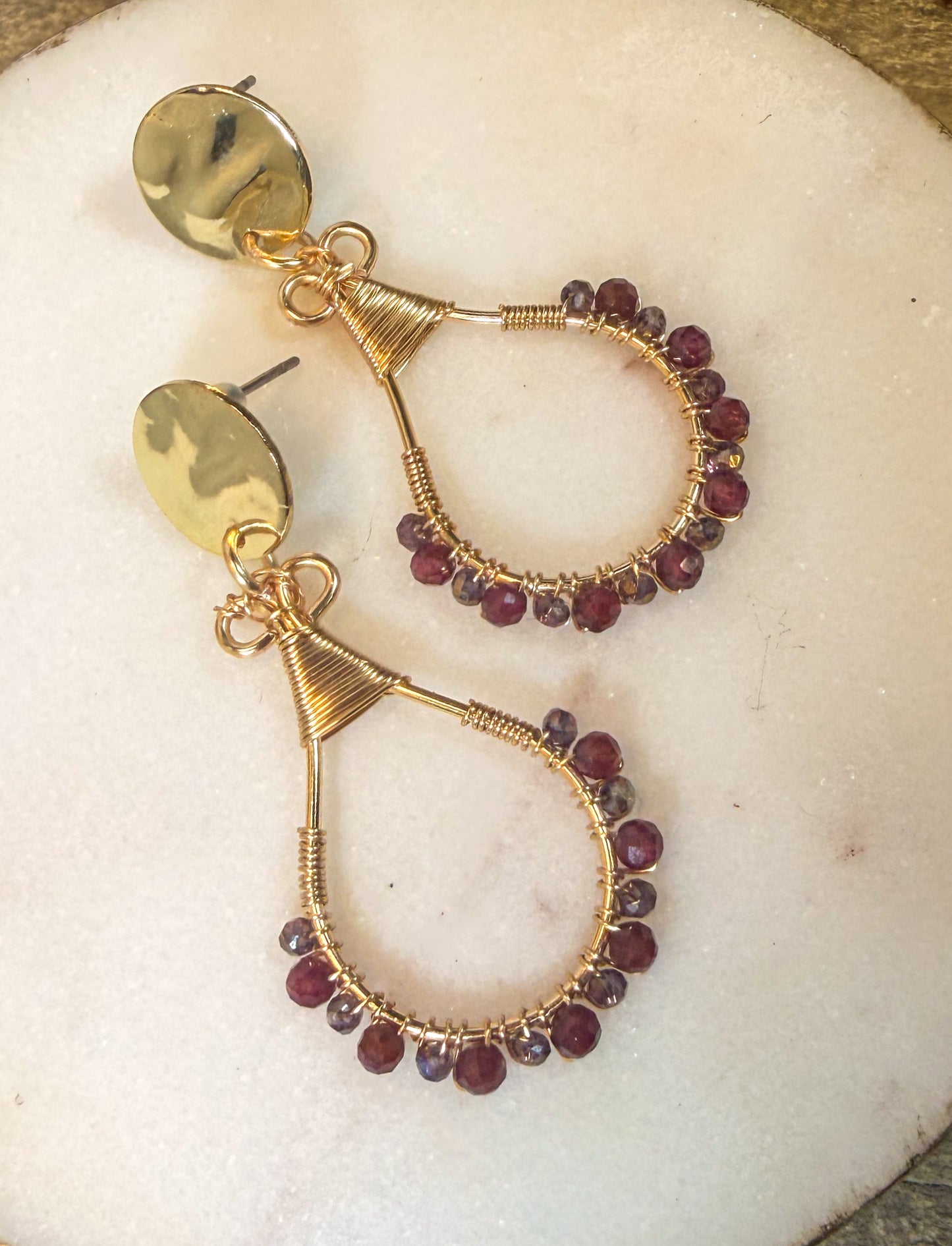 Golden Disc Drop Light Golden Earrings with Maroon and light Lilac crystals wire wrapped around hand made Oval Shape