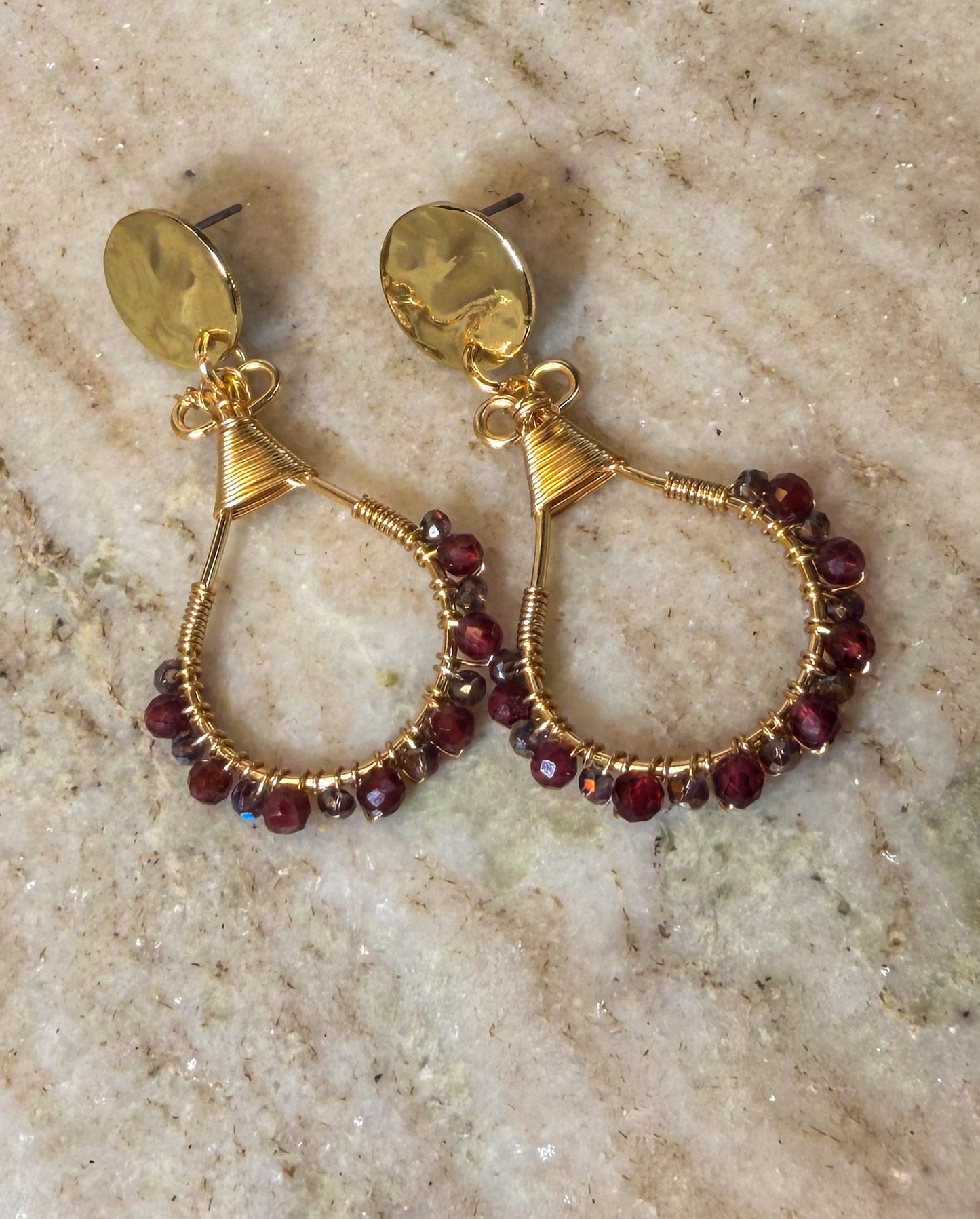 Golden Disc Drop Light Golden Earrings with Maroon and light Lilac crystals wire wrapped around hand made Oval Shape
