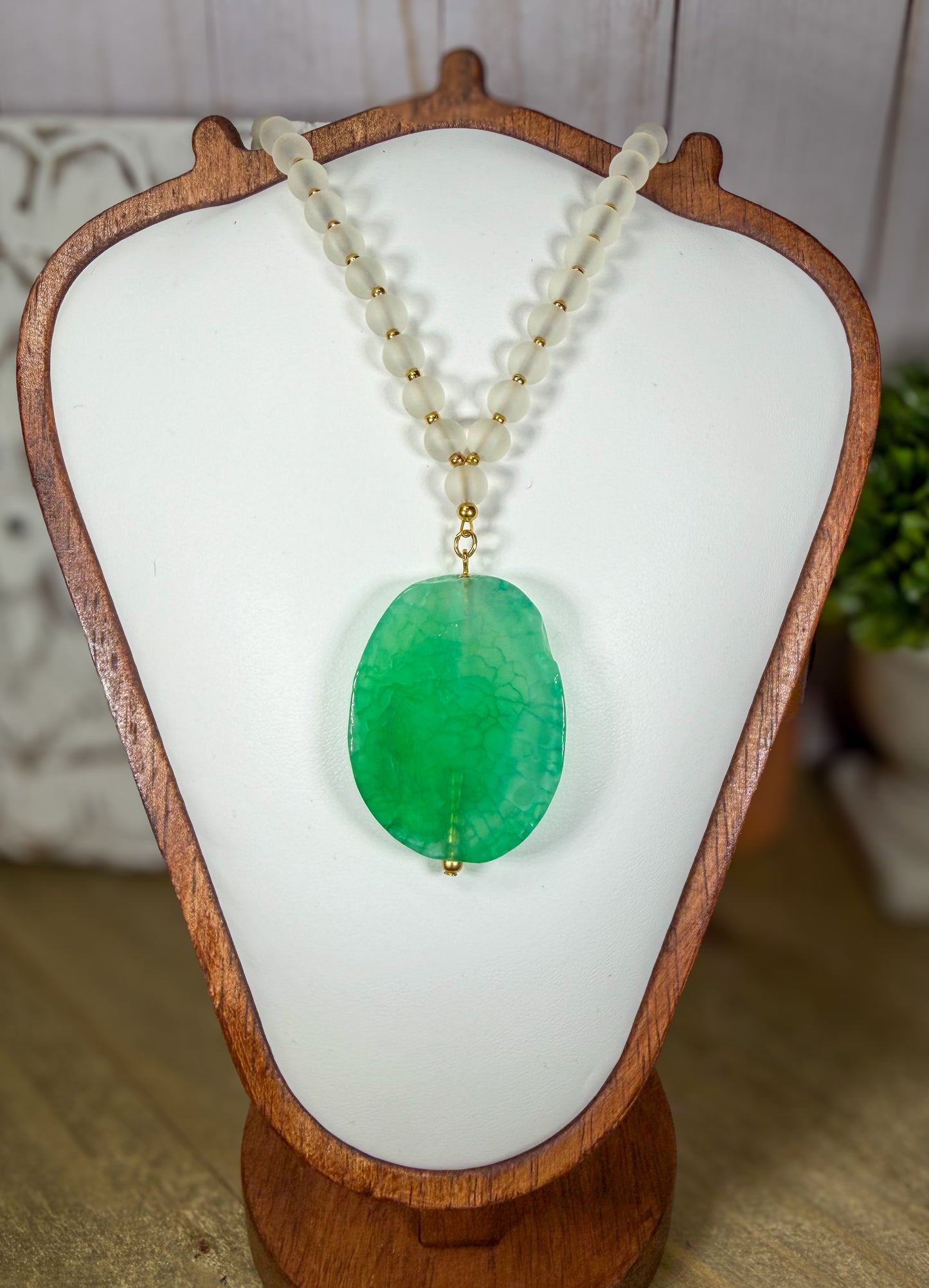 Green Dragons vein Agate Pendant Necklace with Milky white matte beads and 18k gold plated beads accents