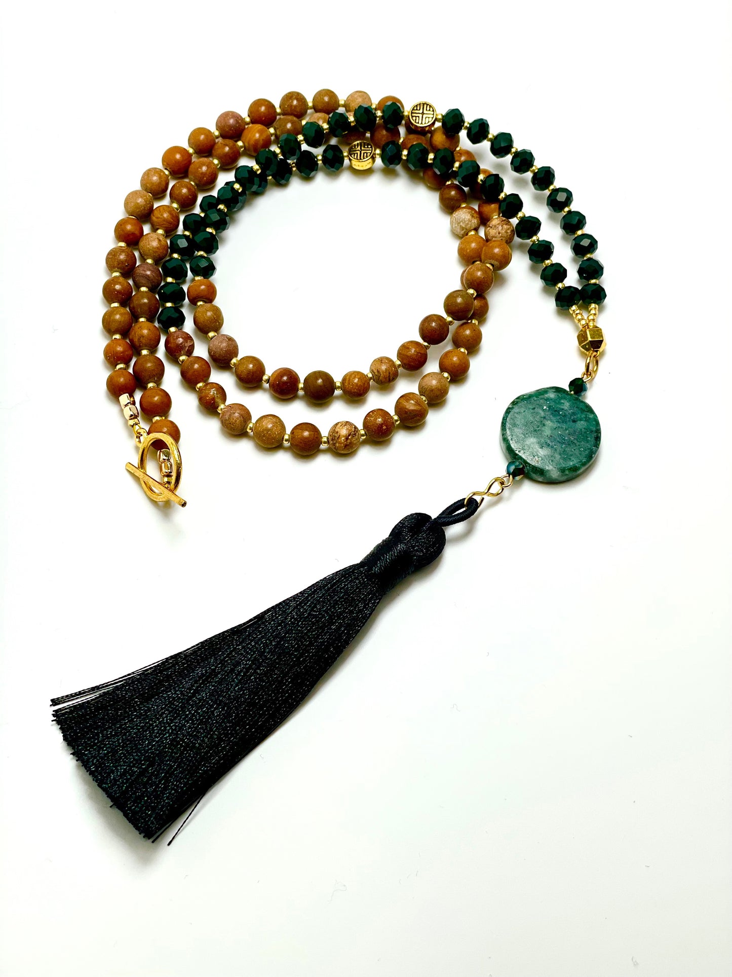 Long Jade black Satin Tassel with wood Grain Jasper Beads and Forest Green Crystal Beads accent Statement Necklace