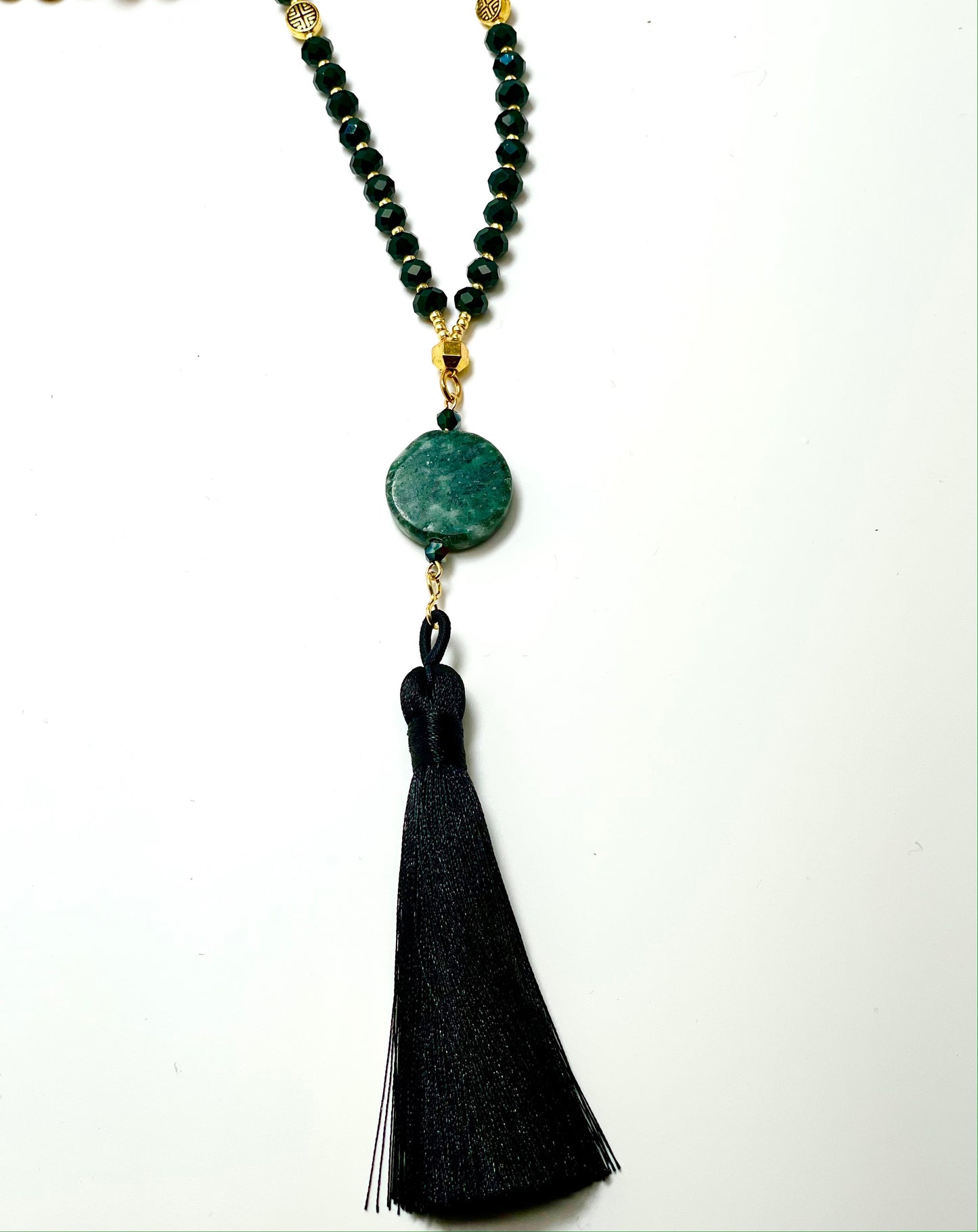 Long Jade black Satin Tassel with wood Grain Jasper Beads and Forest Green Crystal Beads accent Statement Necklace