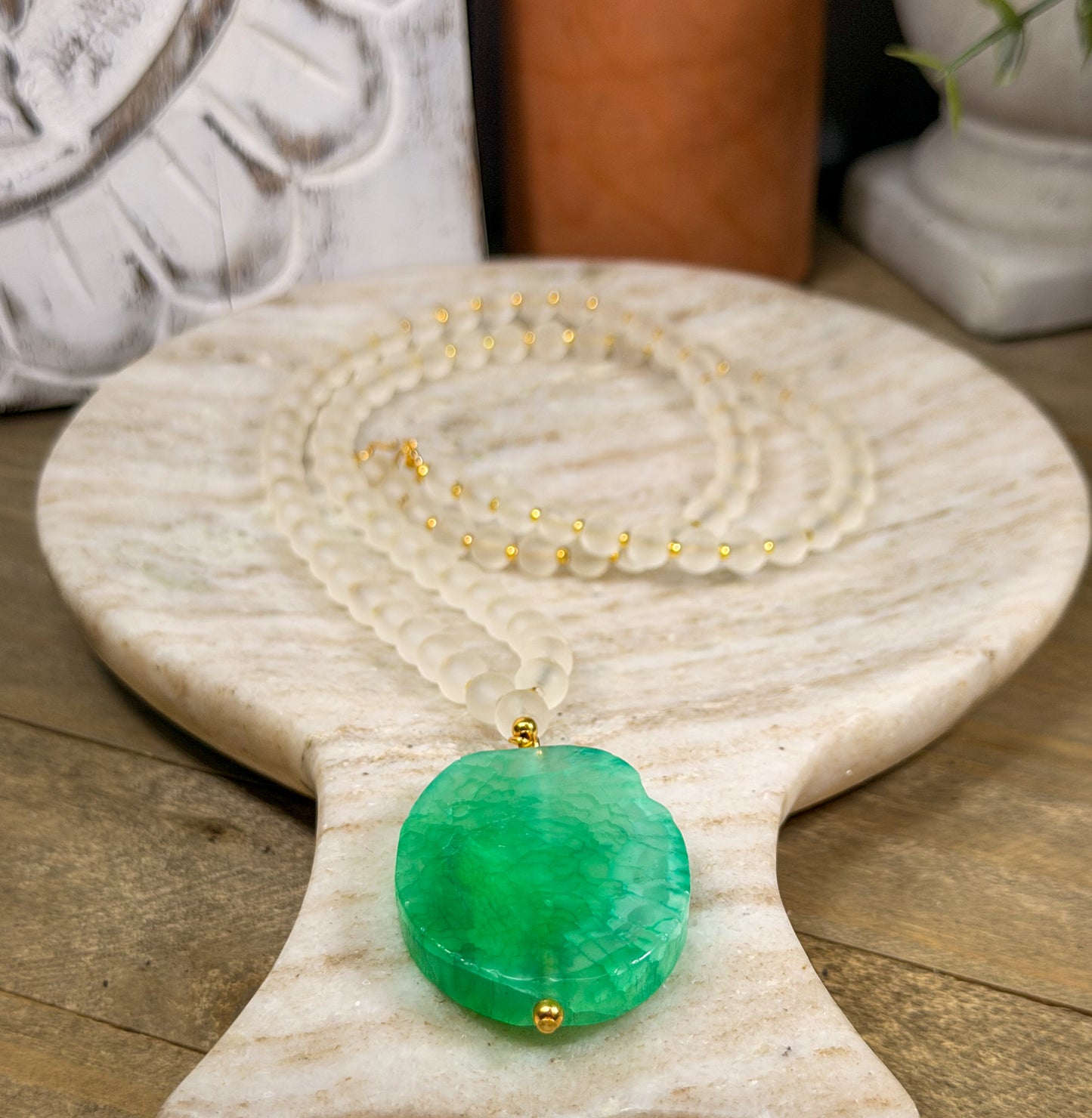 Green Dragons vein Agate Pendant Necklace with Milky white matte beads and 18k gold plated beads accents