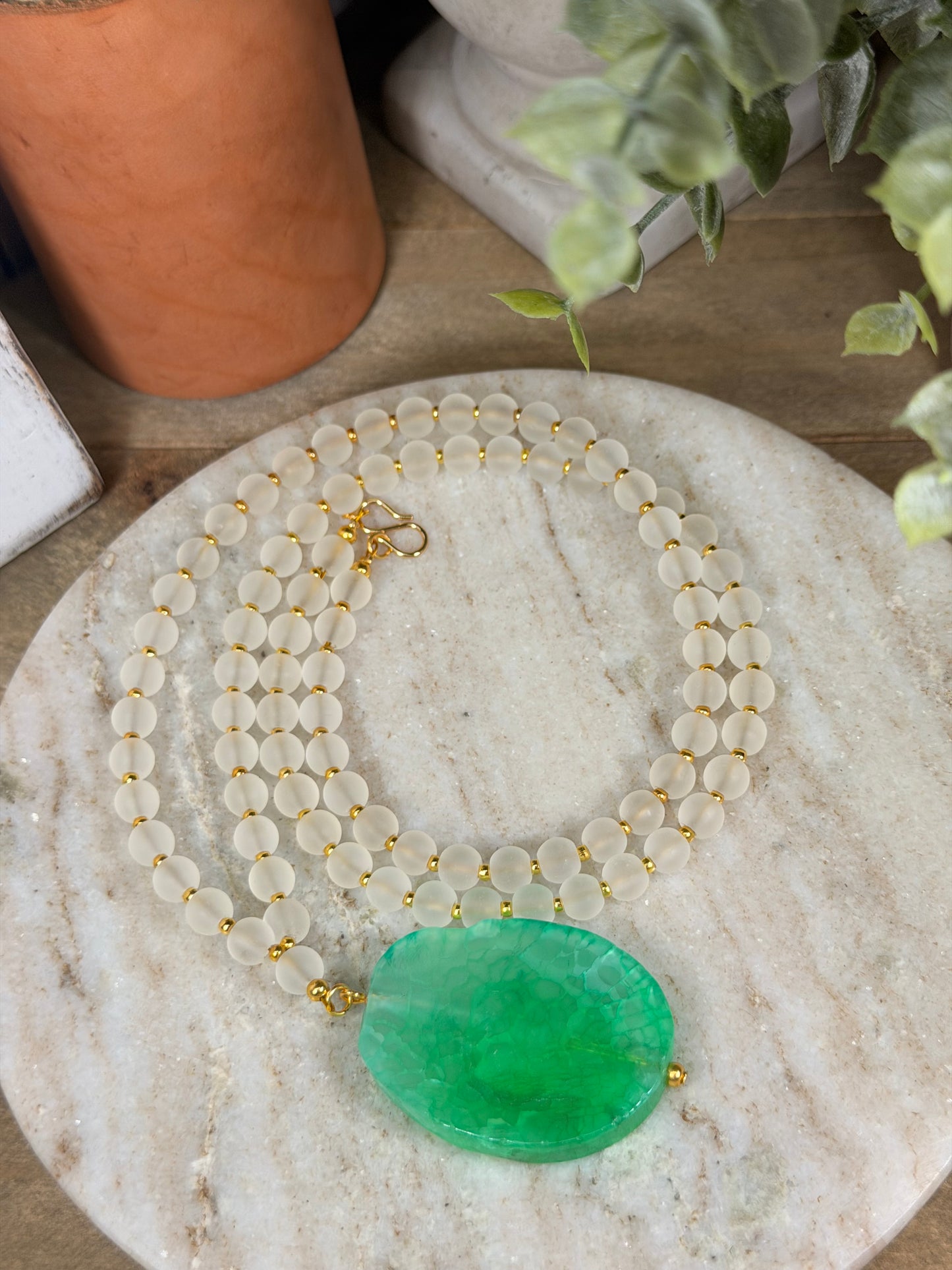 Green Dragons vein Agate Pendant Necklace with Milky white matte beads and 18k gold plated beads accents