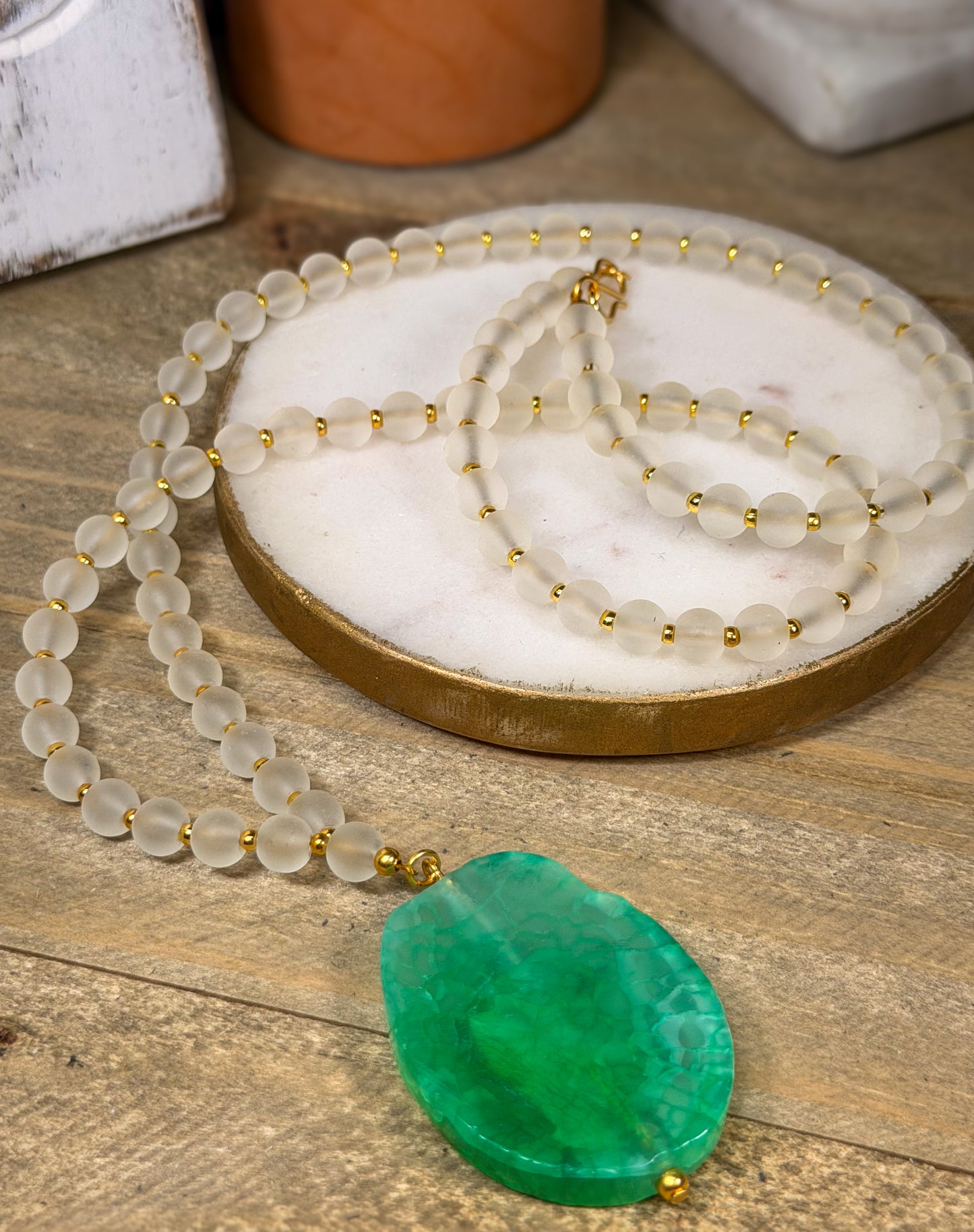Green Dragons vein Agate Pendant Necklace with Milky white matte beads and 18k gold plated beads accents