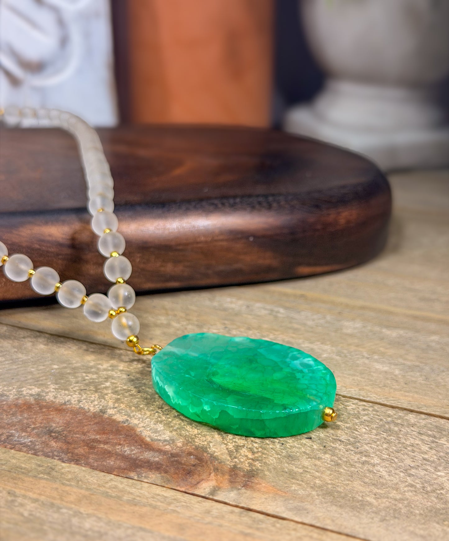 Green Dragons vein Agate Pendant Necklace with Milky white matte beads and 18k gold plated beads accents