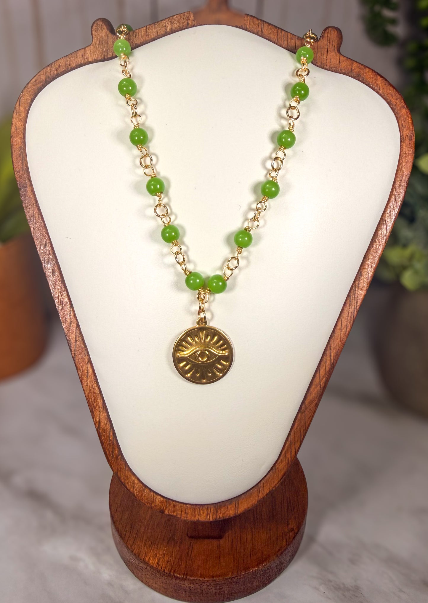 Wire Wrapped Jade Beads With Golden Evil Eye Pendant Necklace