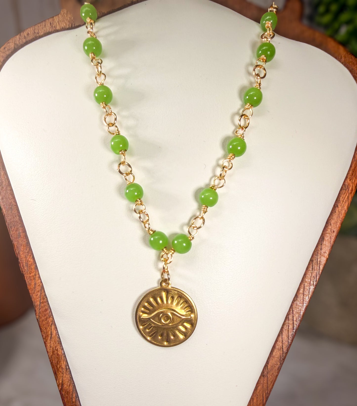 Wire Wrapped Jade Beads With Golden Evil Eye Pendant Necklace