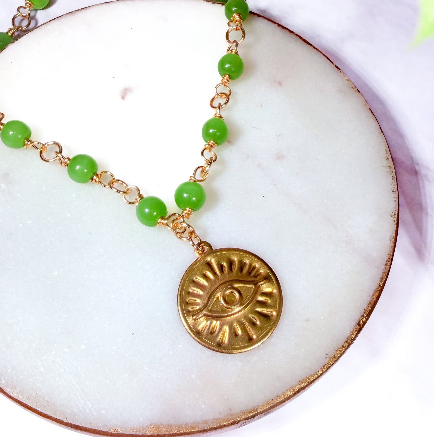 Wire Wrapped Jade Beads With Golden Evil Eye Pendant Necklace