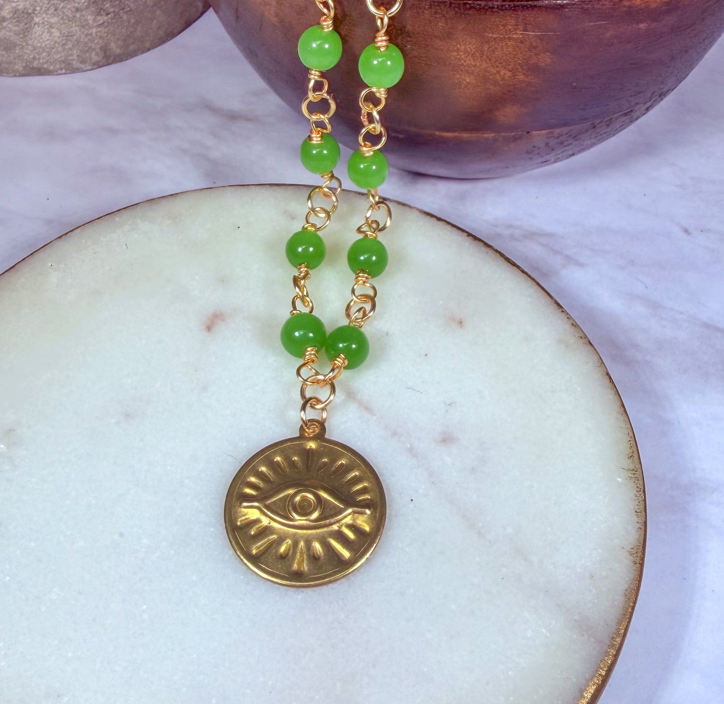 Wire Wrapped Jade Beads With Golden Evil Eye Pendant Necklace