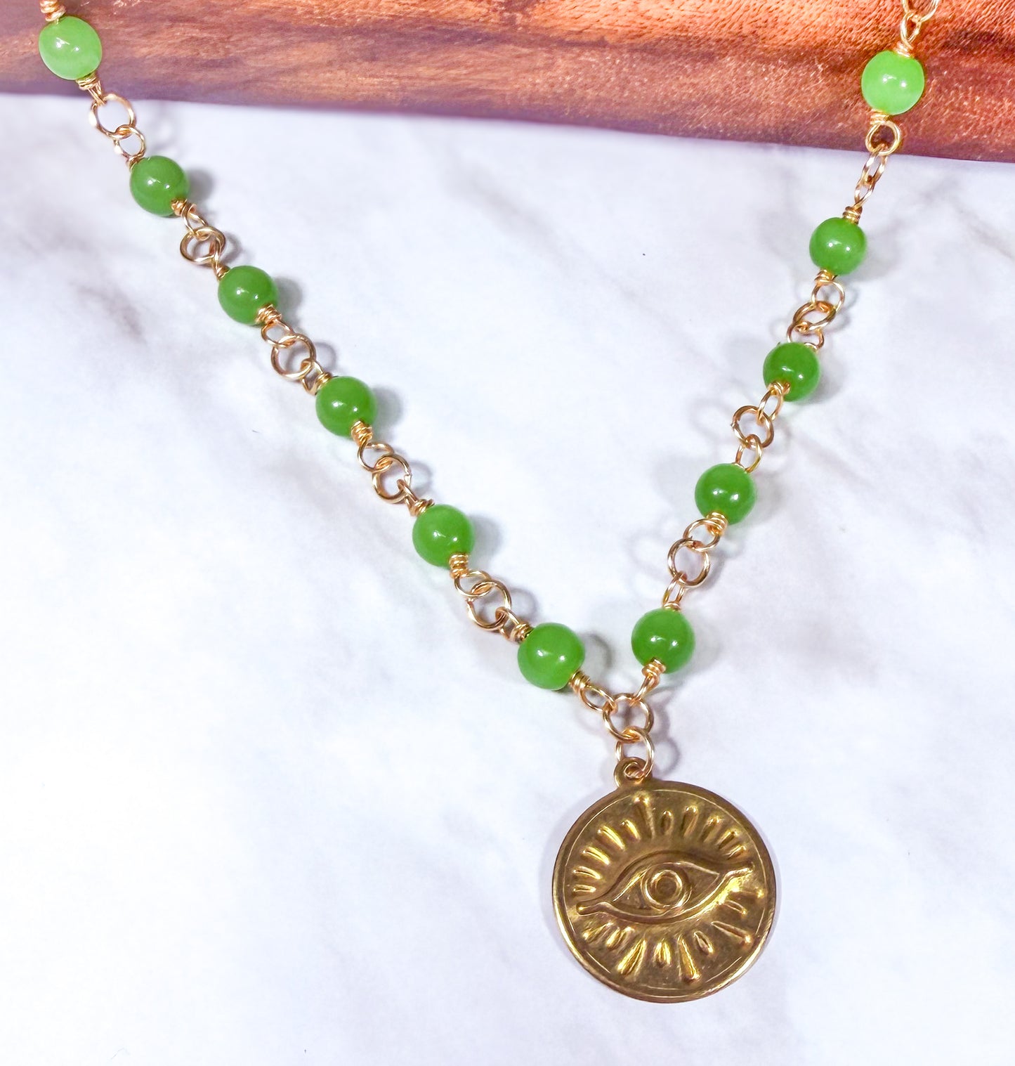Wire Wrapped Jade Beads With Golden Evil Eye Pendant Necklace