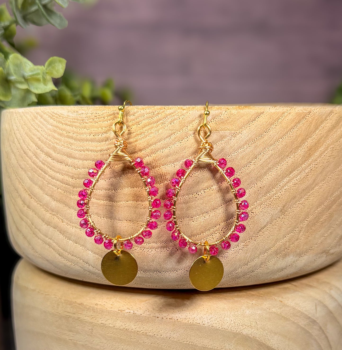 Teardrop electric faceted pink crystals wire wrapped teardrop chandelier earrings with gold disc charm