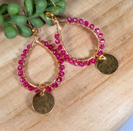 Teardrop electric faceted pink crystals wire wrapped teardrop chandelier earrings with gold disc charm