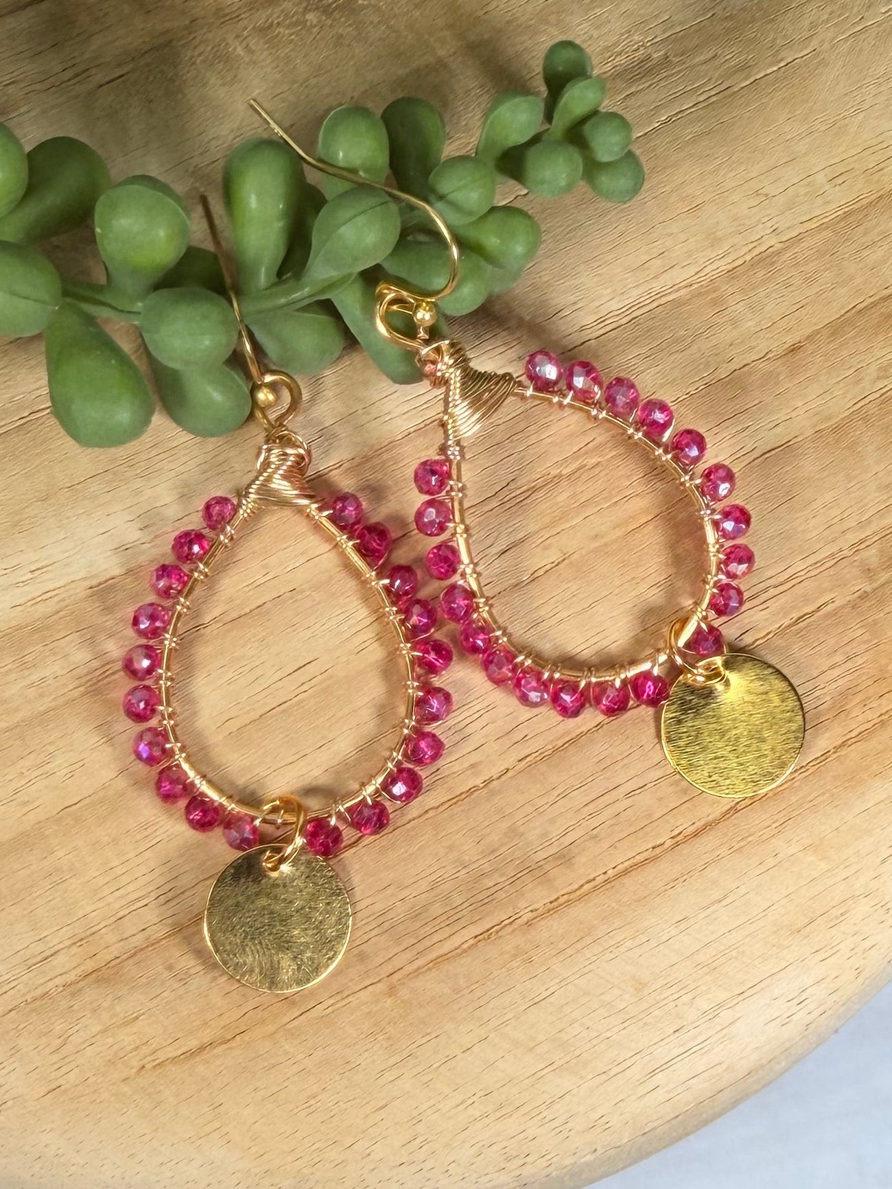 Teardrop electric faceted pink crystals wire wrapped teardrop chandelier earrings with gold disc charm