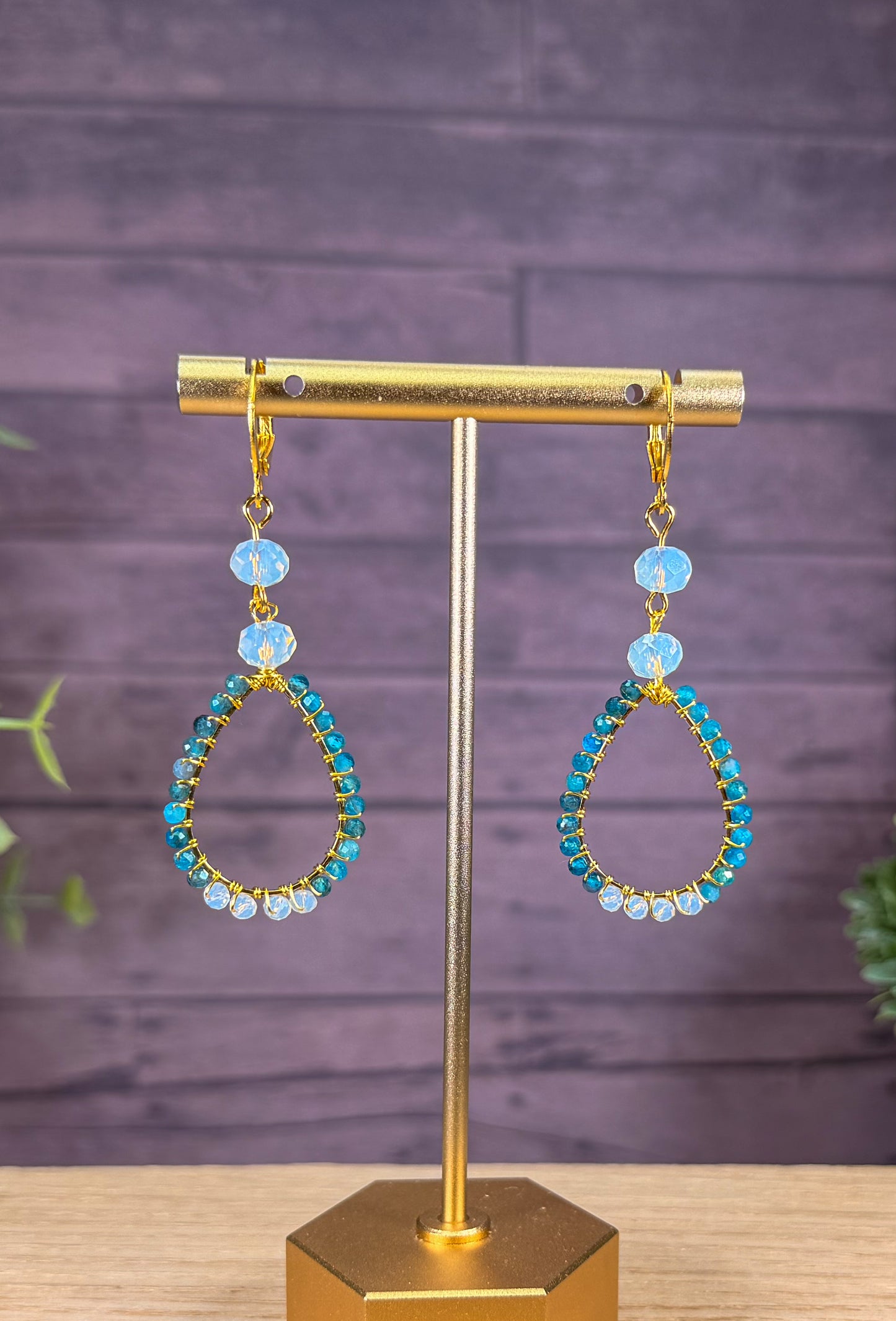 Natural Apatite hand cut faceted beads with milk moonstone beaded teardrop golden chandelier earrings
