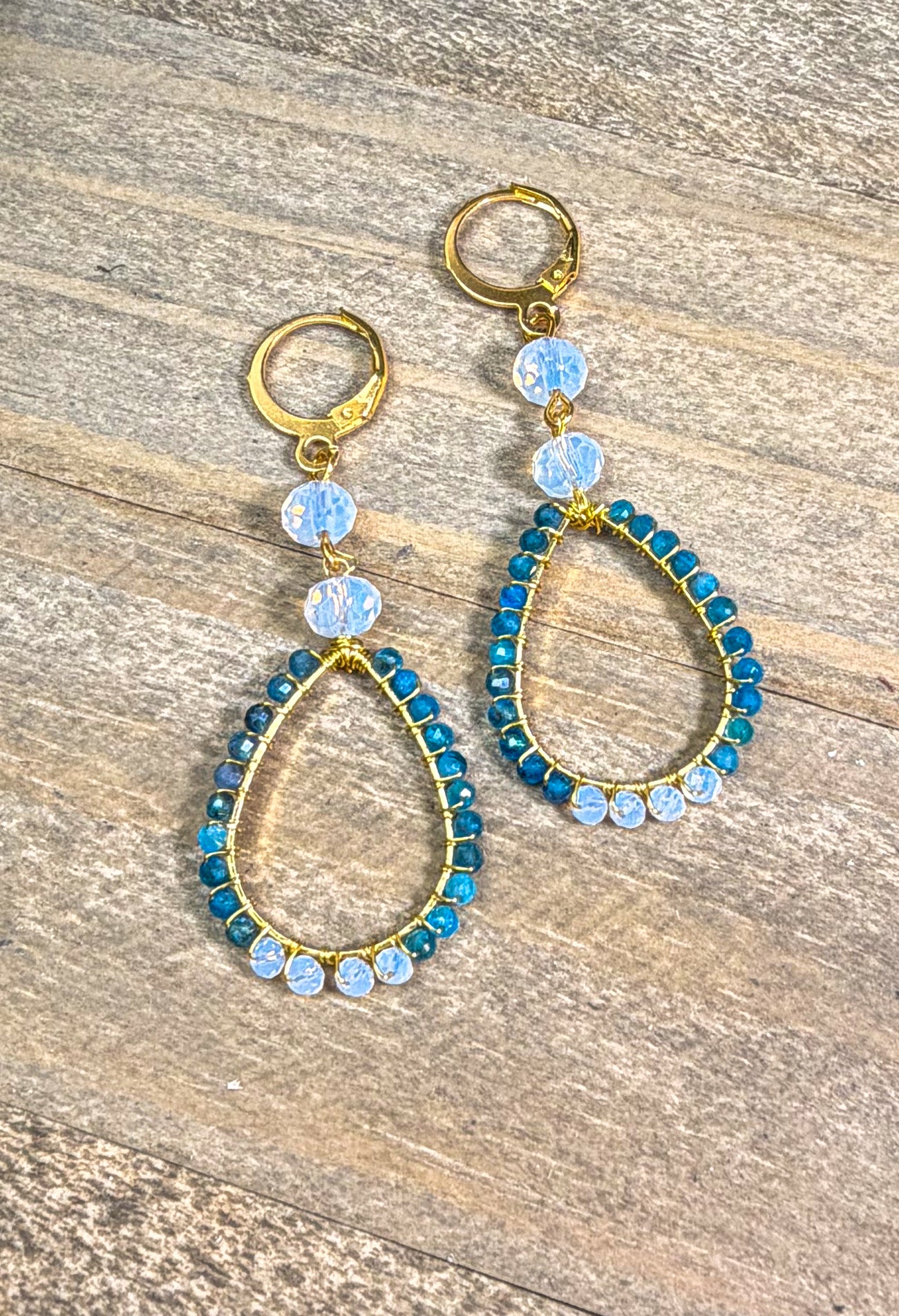 Natural Apatite hand cut faceted beads with milk moonstone beaded teardrop golden chandelier earrings