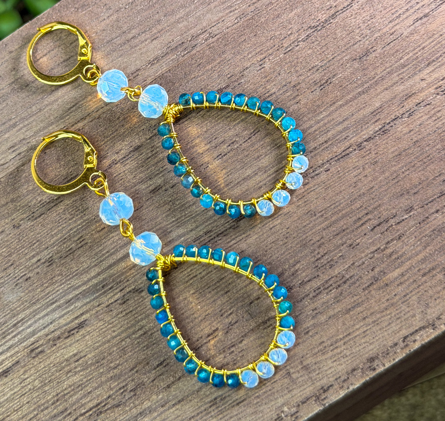 Natural Apatite hand cut faceted beads with milk moonstone beaded teardrop golden chandelier earrings