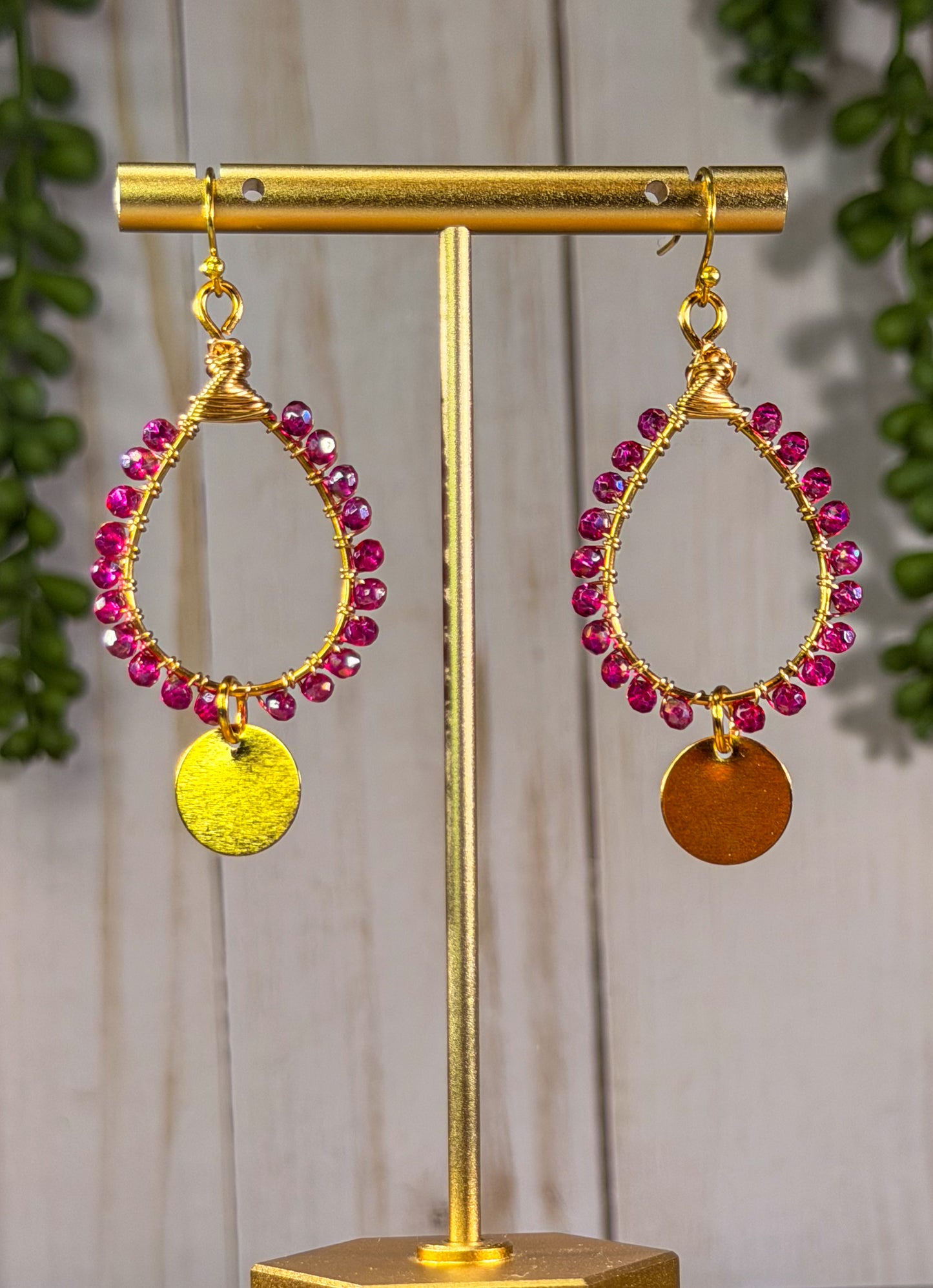 Teardrop electric faceted pink crystals wire wrapped teardrop chandelier earrings with gold disc charm