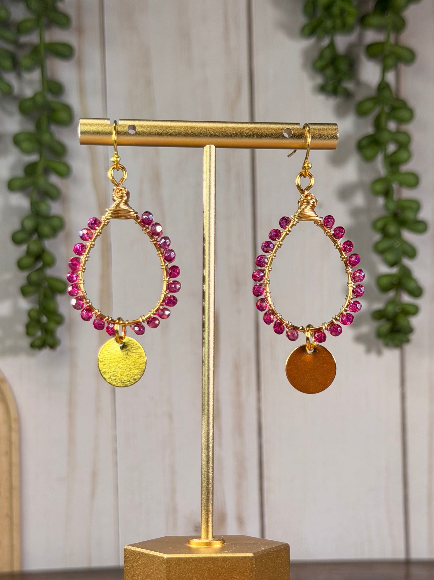 Teardrop electric faceted pink crystals wire wrapped teardrop chandelier earrings with gold disc charm