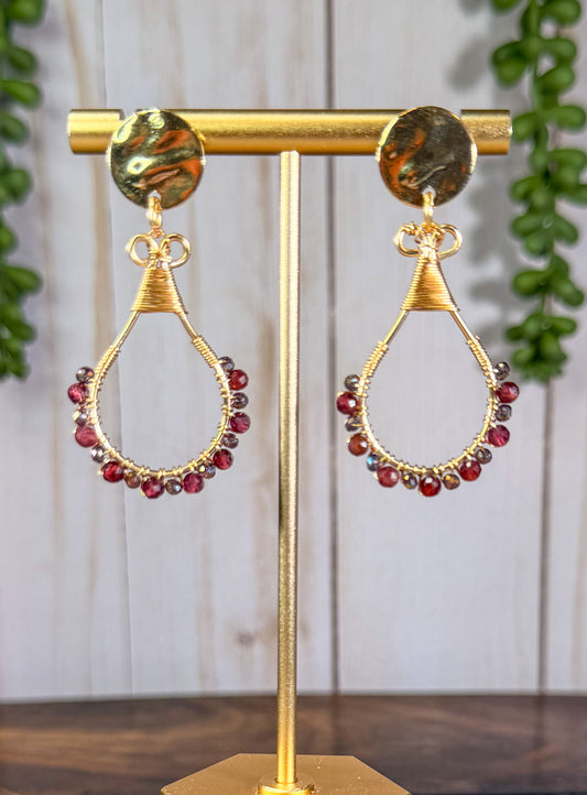 Golden Disc Drop Light Golden Earrings with Maroon and light Lilac crystals wire wrapped around hand made Oval Shape