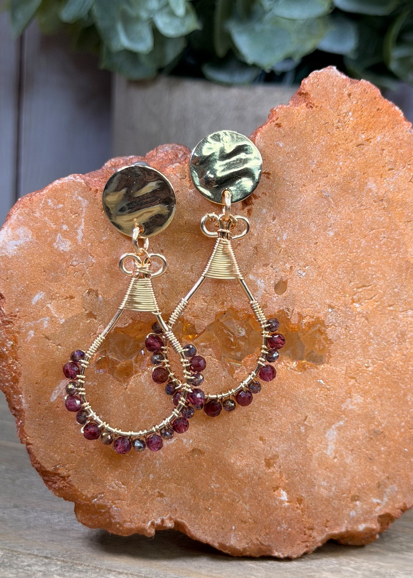 Golden Disc Drop Light Golden Earrings with Maroon and light Lilac crystals wire wrapped around hand made Oval Shape
