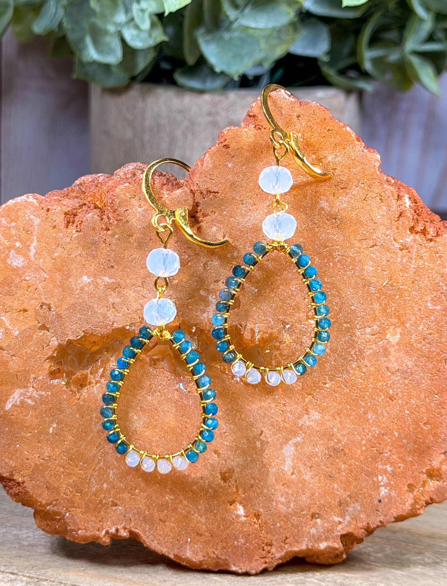 Natural Apatite hand cut faceted beads with milk moonstone beaded teardrop golden chandelier earrings