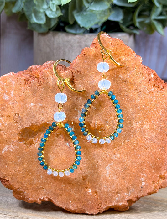 Natural Apatite hand cut faceted beads with milk moonstone beaded teardrop golden chandelier earrings