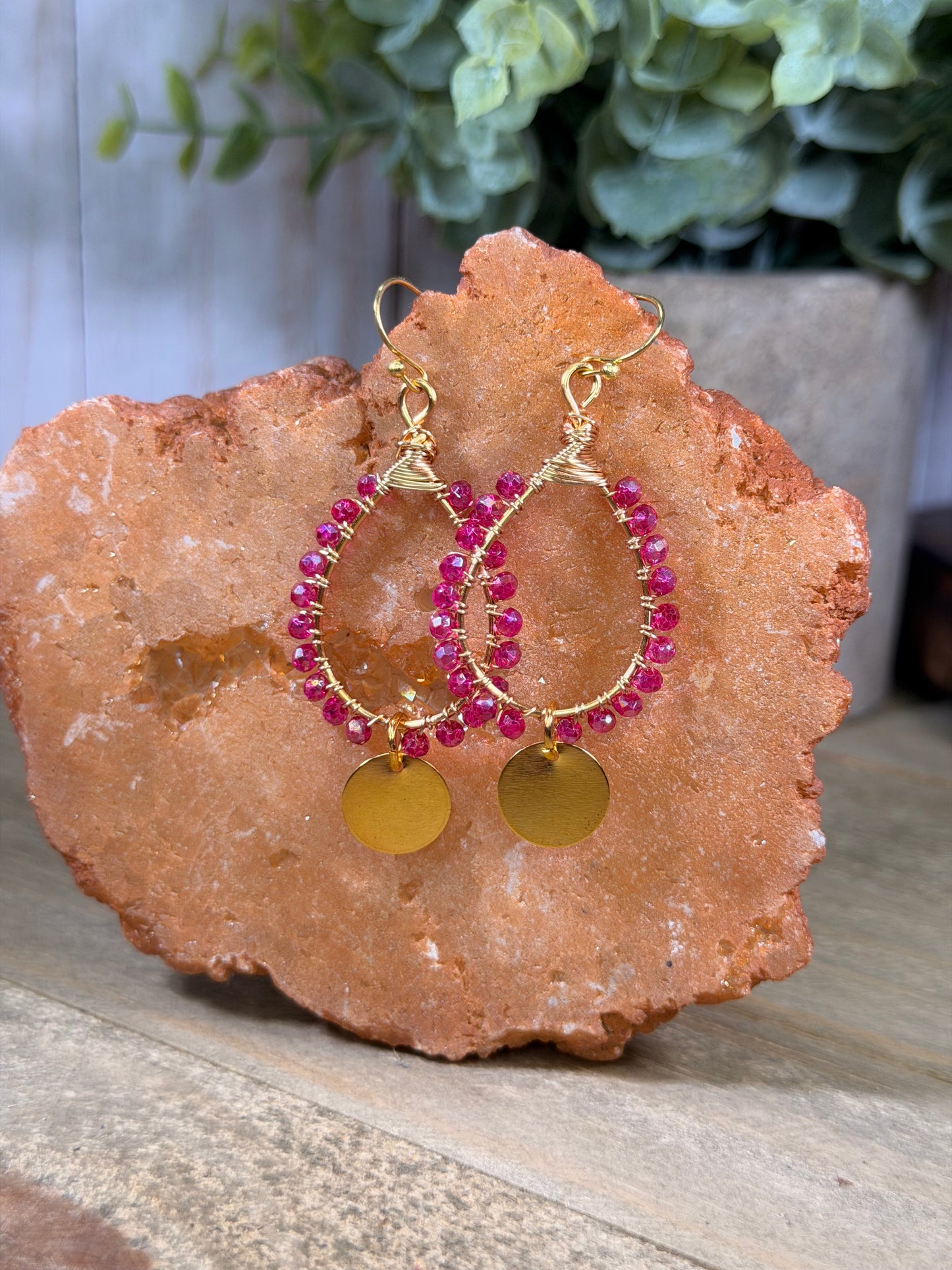 Teardrop electric faceted pink crystals wire wrapped teardrop chandelier earrings with gold disc charm