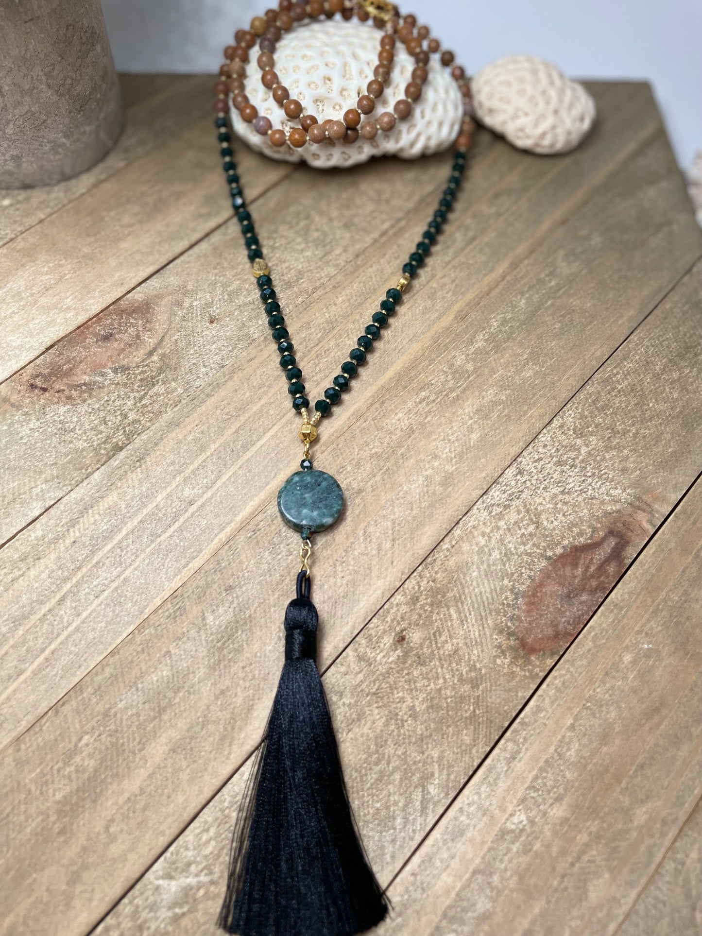 Long Jade black Satin Tassel with wood Grain Jasper Beads and Forest Green Crystal Beads accent Statement Necklace