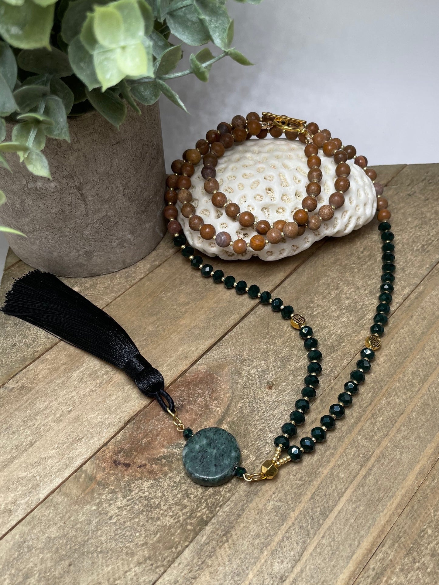 Long Jade black Satin Tassel with wood Grain Jasper Beads and Forest Green Crystal Beads accent Statement Necklace