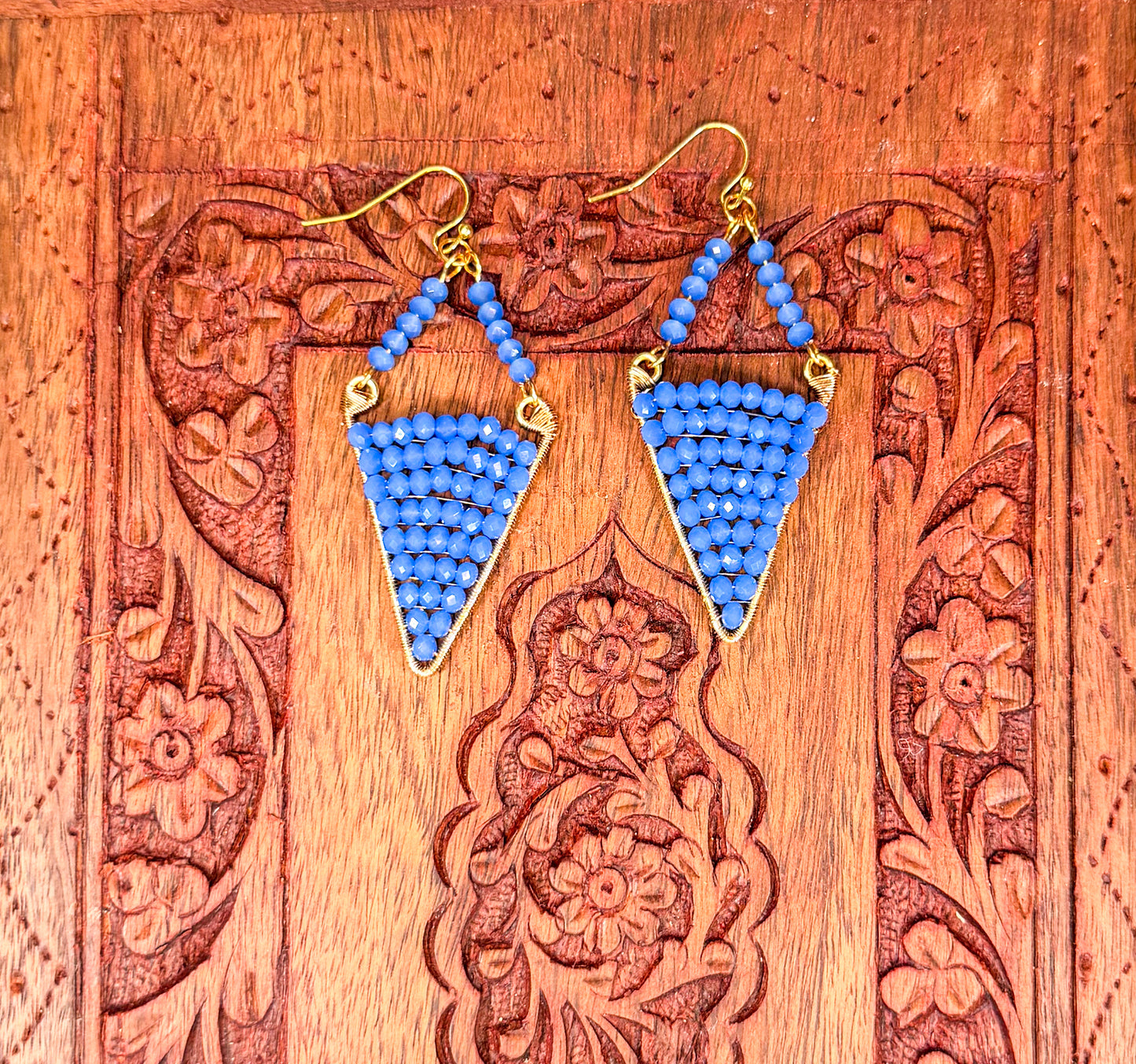 Electric Blue Diamond earrings with Golden wire wrapped accents-Statement Earrings